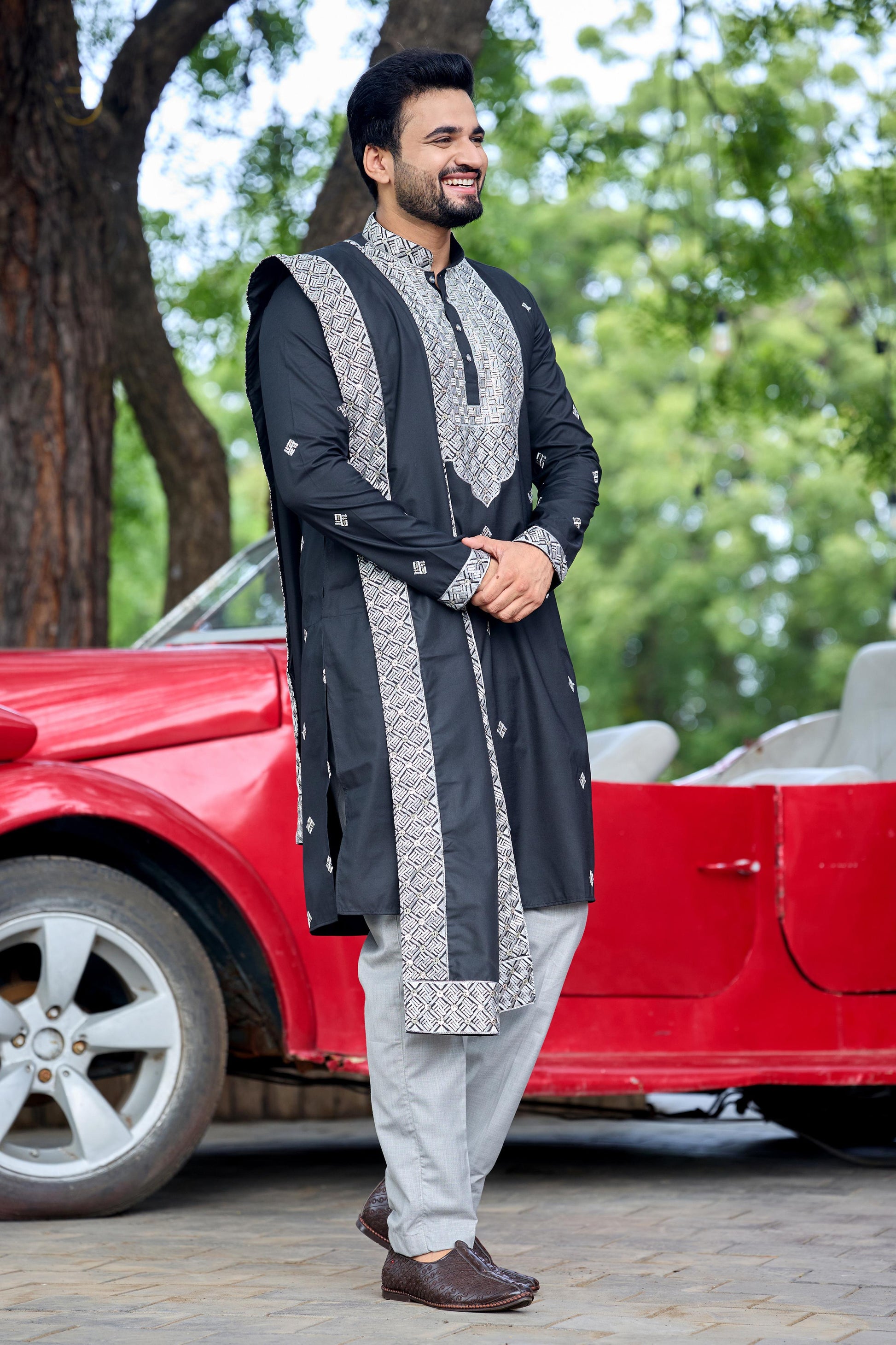 Black Embroidered Kurta with Dupatta and Pant Set