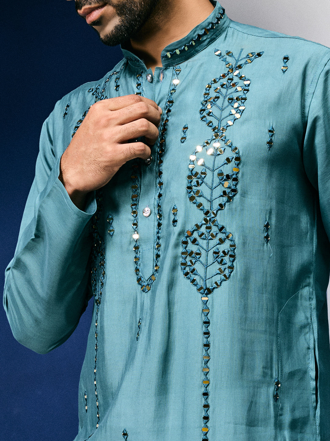 Sparkle Symphony Teal Blue Real Mirror Embroided Designer Kurta-pant Set