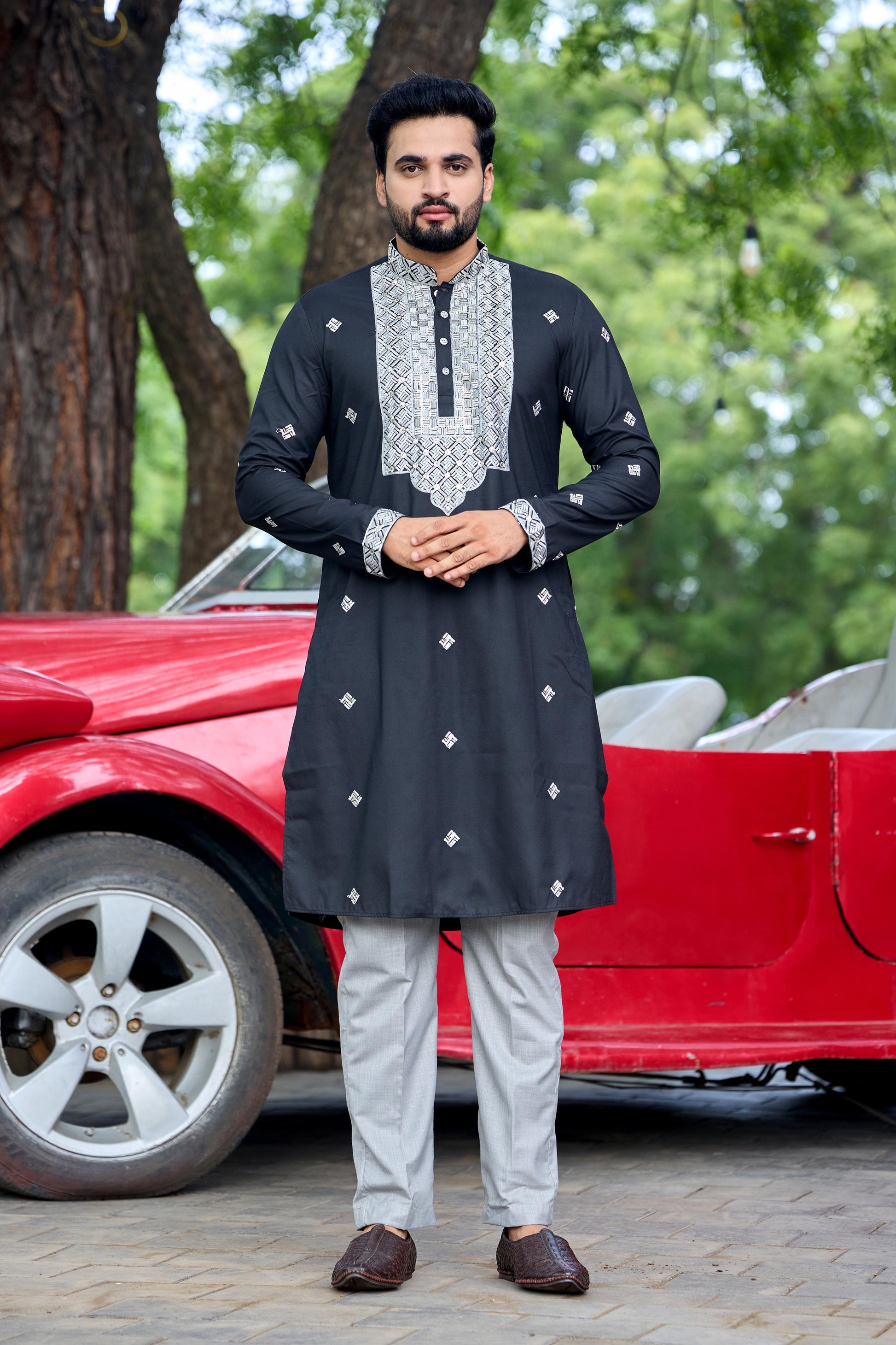 Black Embroidered Kurta with Dupatta and Pant Set