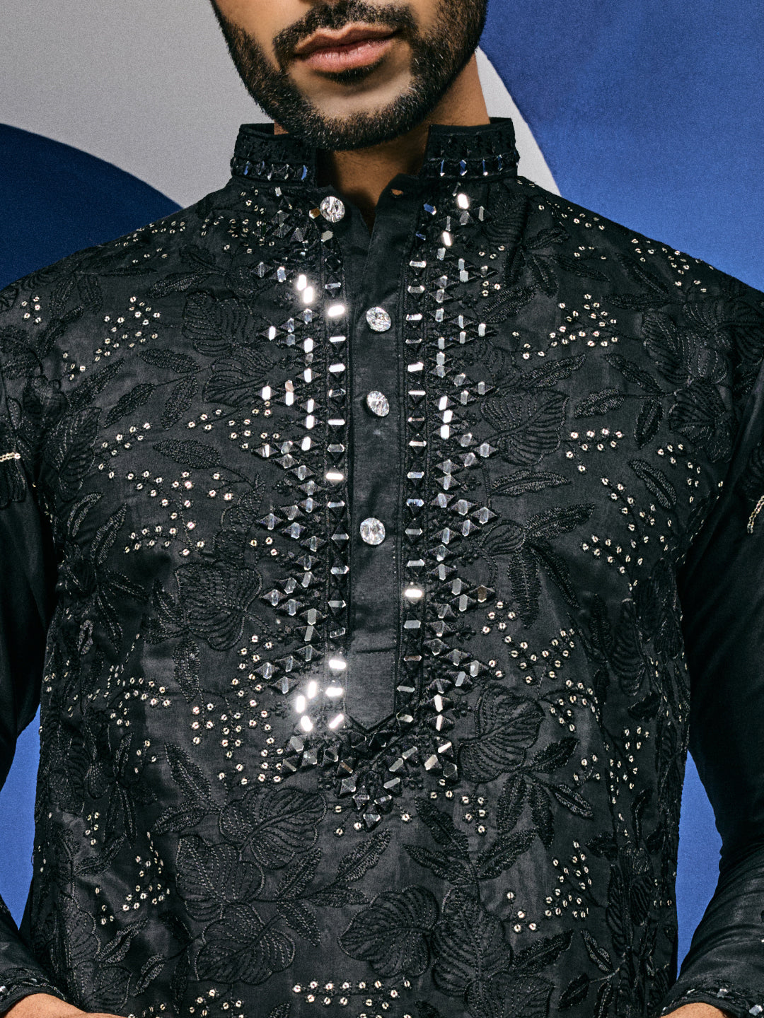 Roshni Black Real Mirror Neck Kurta With Sequins Embroidery Kurta Set