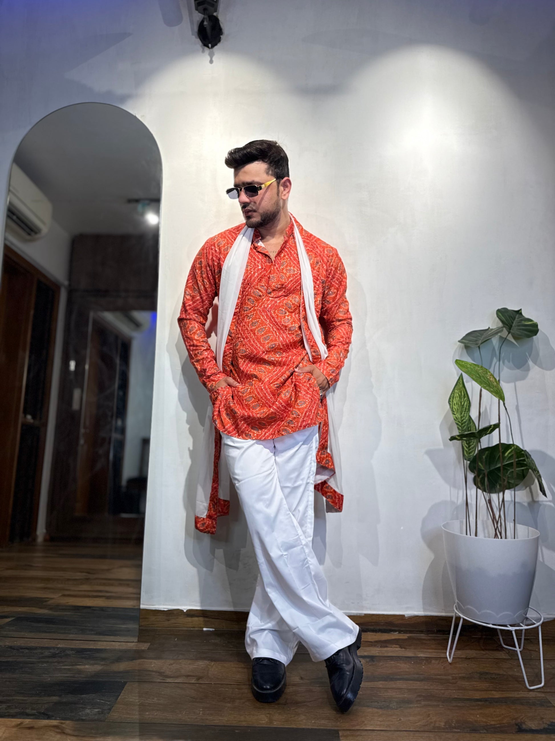 Bright Orange Bandhani Printed SHORT Kurta+Dupatta+pant set