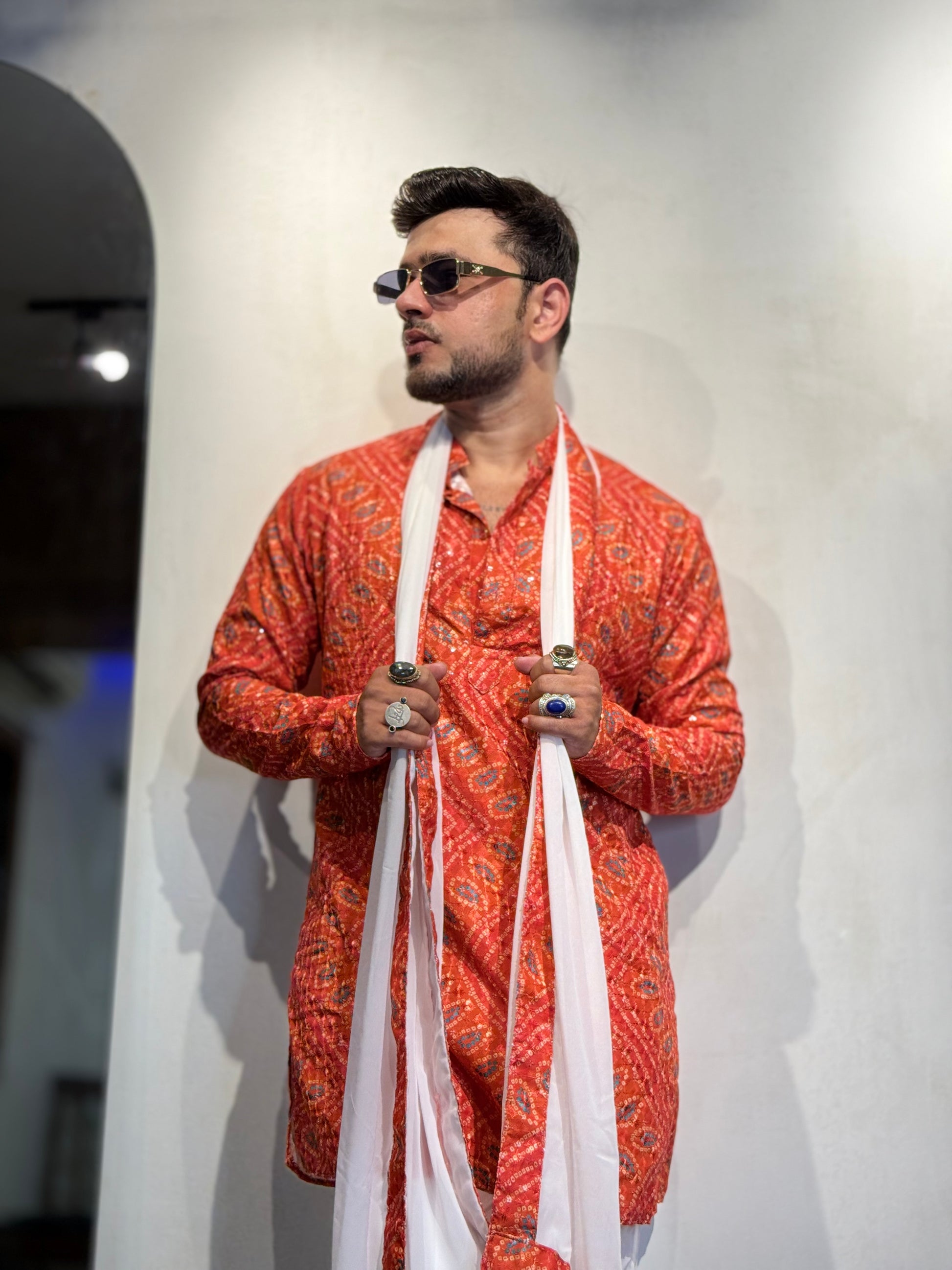 Bright Orange Bandhani Printed SHORT Kurta+Dupatta+pant set