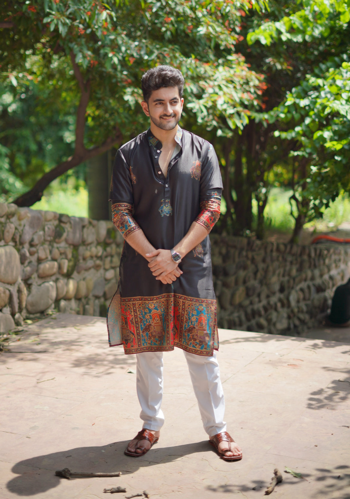 Black Foil Printed Cotton Linen Kurta Set