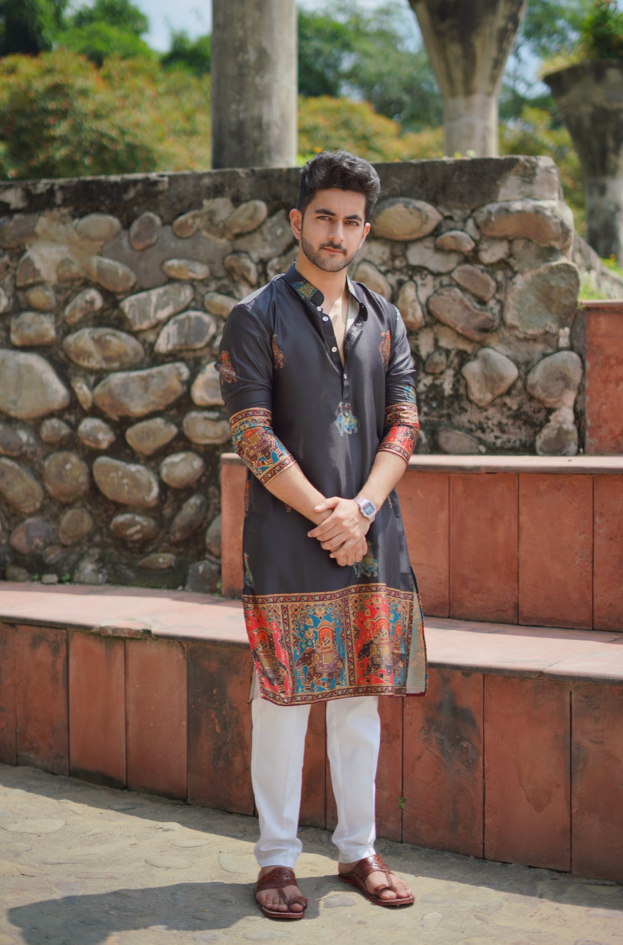 Black Foil Printed Cotton Linen Kurta Set