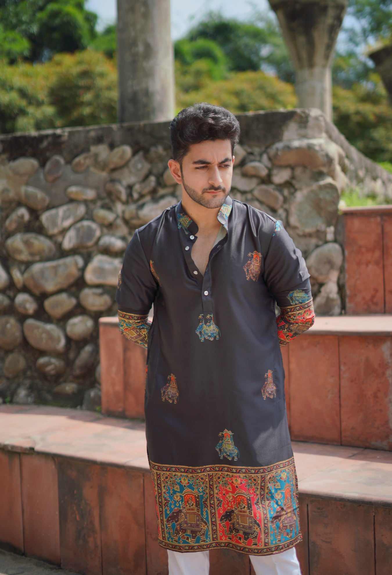 Black Foil Printed Cotton Linen Kurta Set