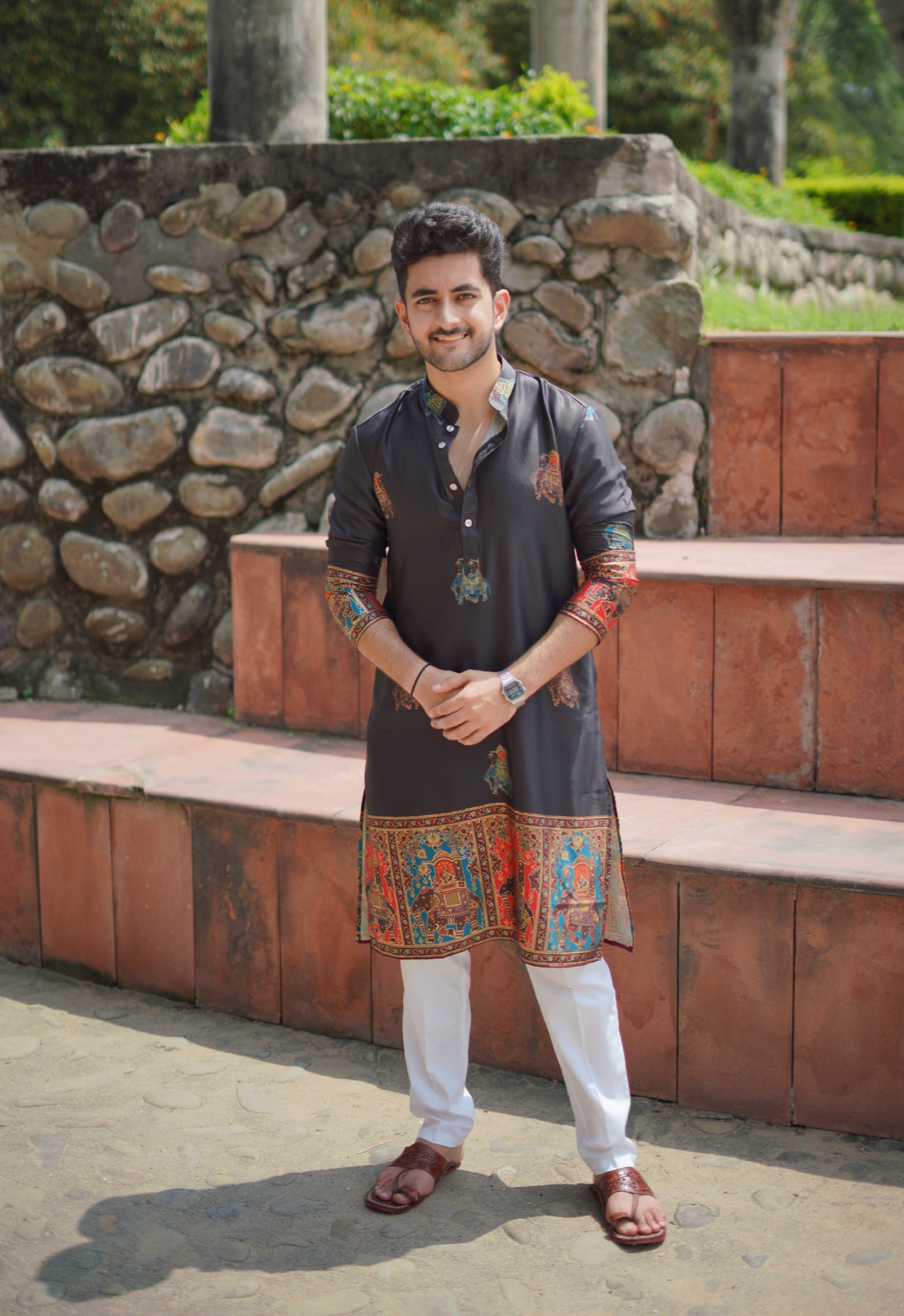 Black Foil Printed Cotton Linen Kurta Set