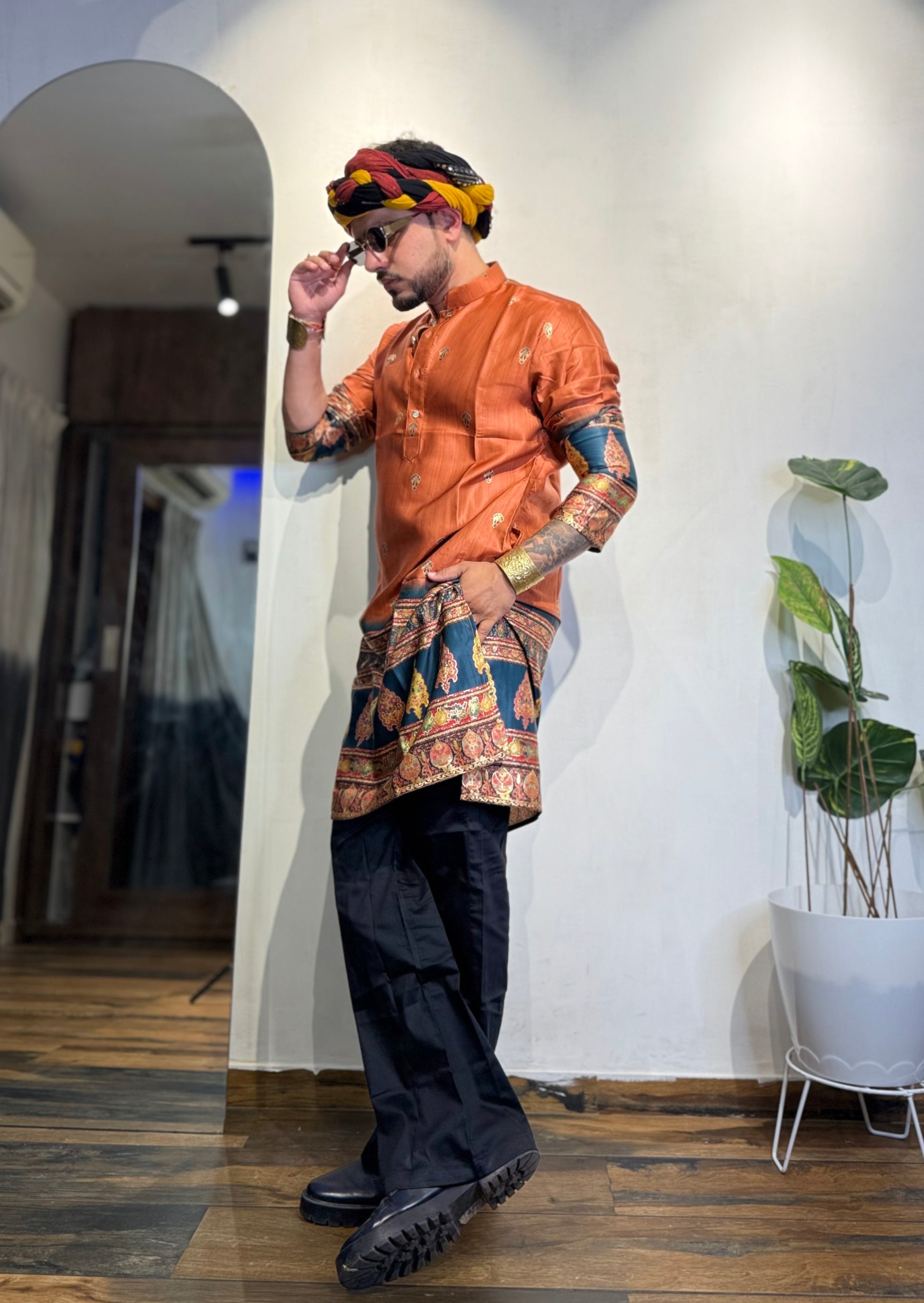 Rustic Orange Foil Printed Cotton Linen Kurta Set