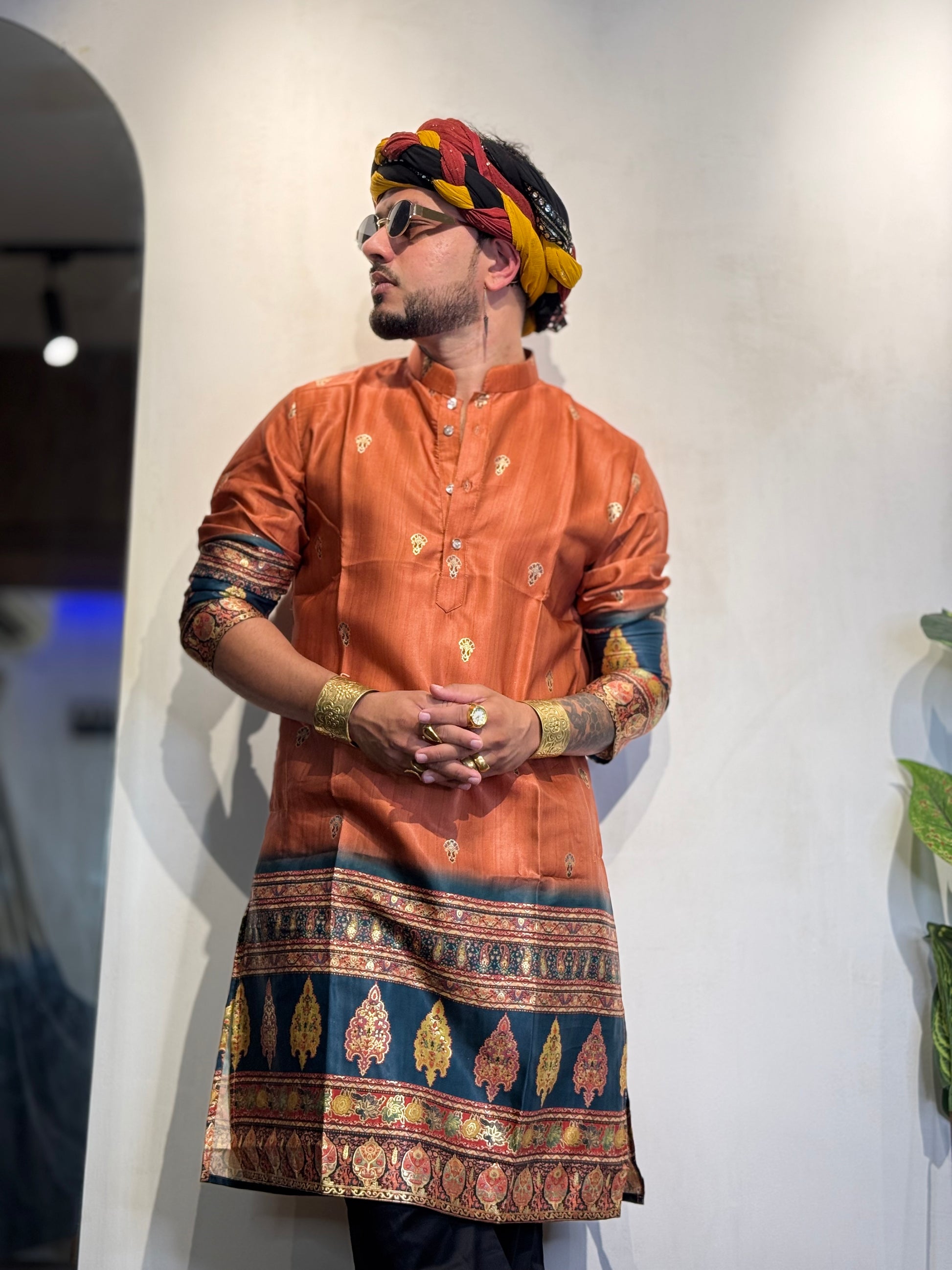 Rustic Orange Foil Printed Cotton Linen Kurta Set