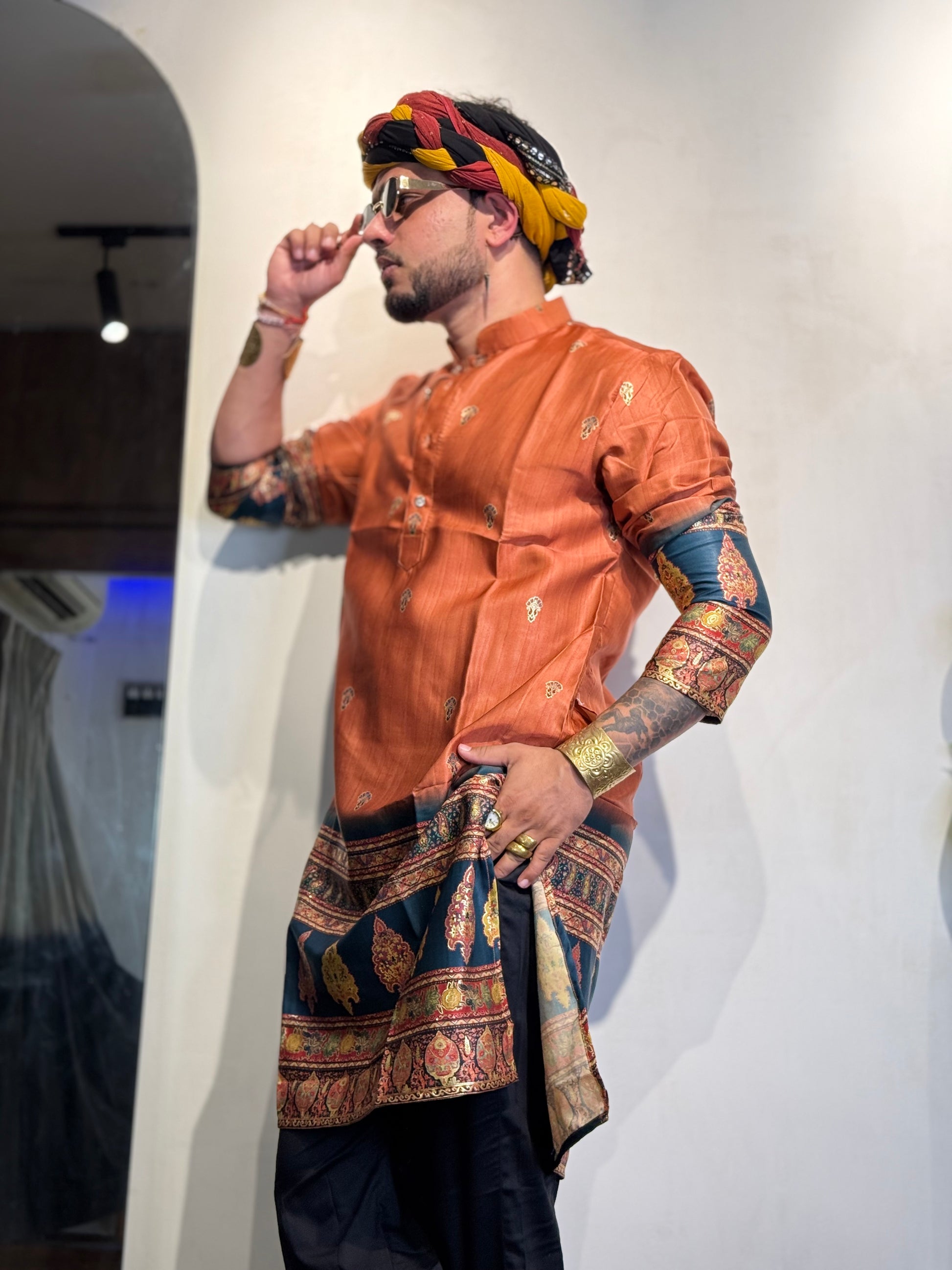 Rustic Orange Foil Printed Cotton Linen Kurta Set