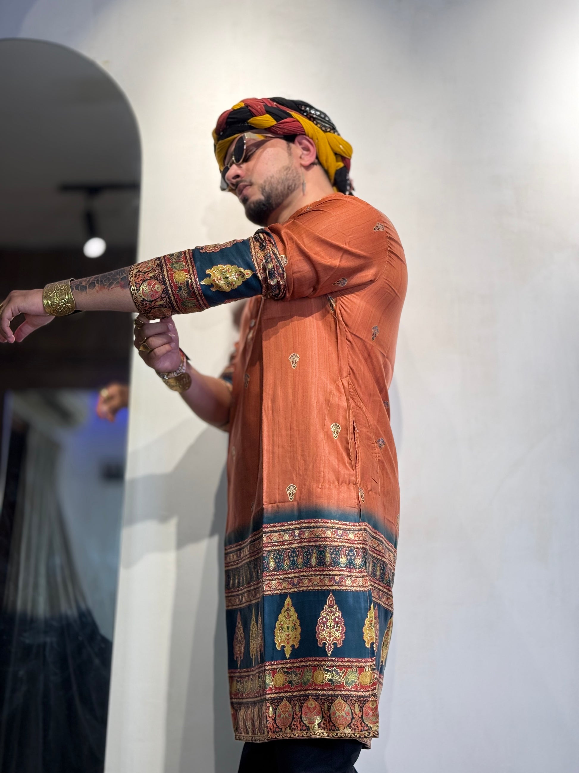 Rustic Orange Foil Printed Cotton Linen Kurta Set