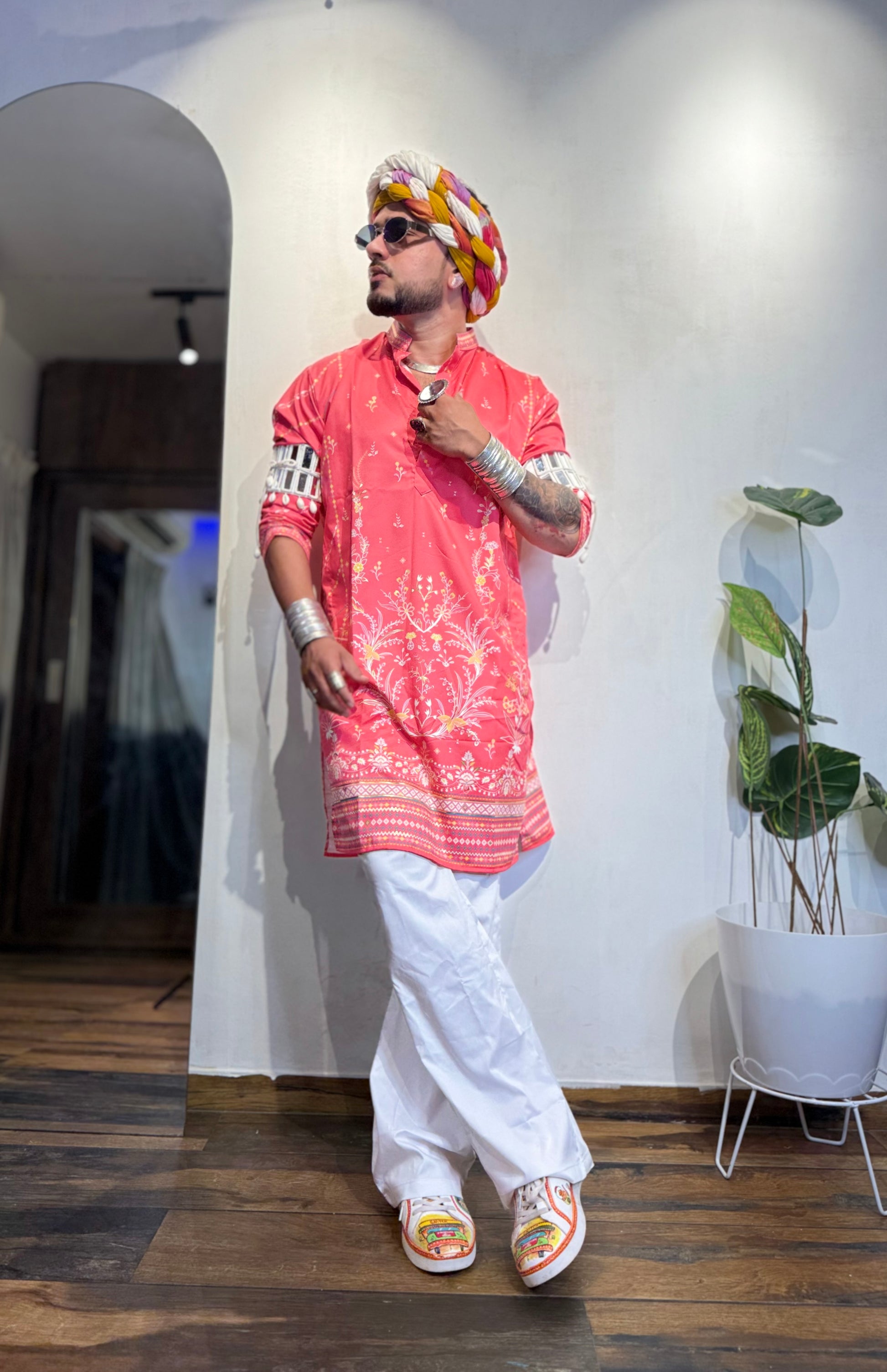 Dark Pink Foil Print On Cotton Satin Kurta