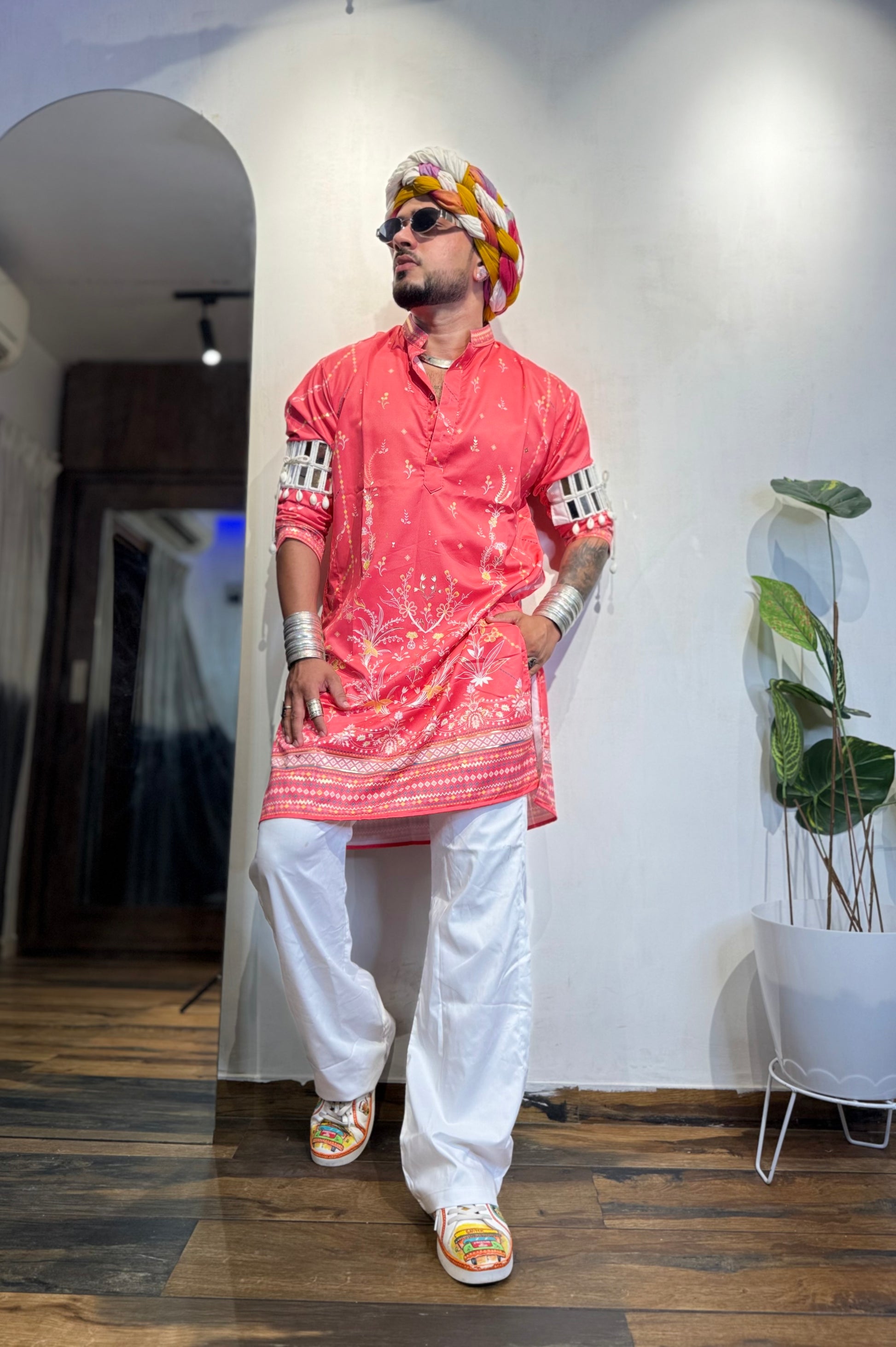 Dark Pink Foil Print On Cotton Satin Kurta