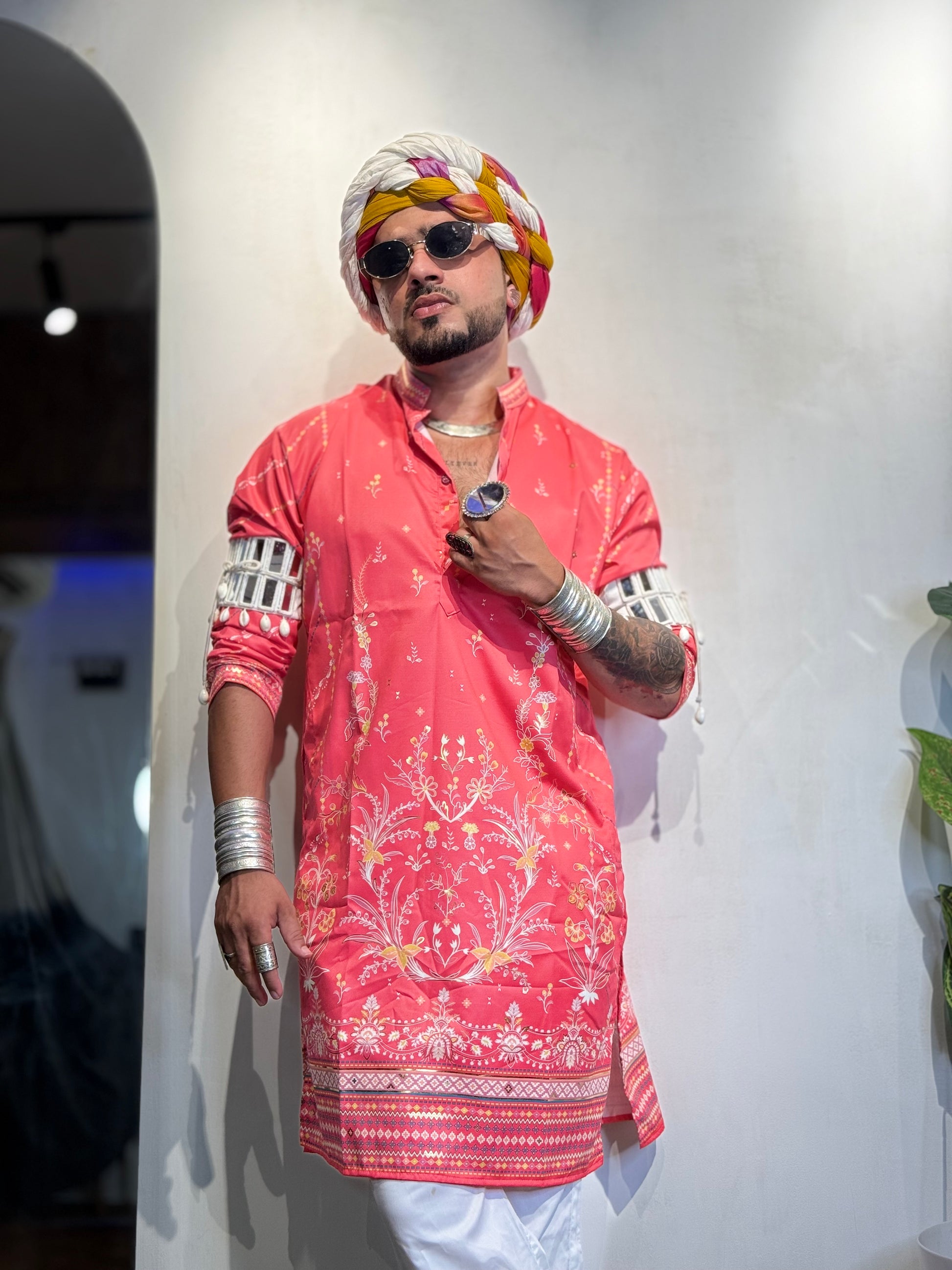 Dark Pink Foil Print On Cotton Satin Kurta