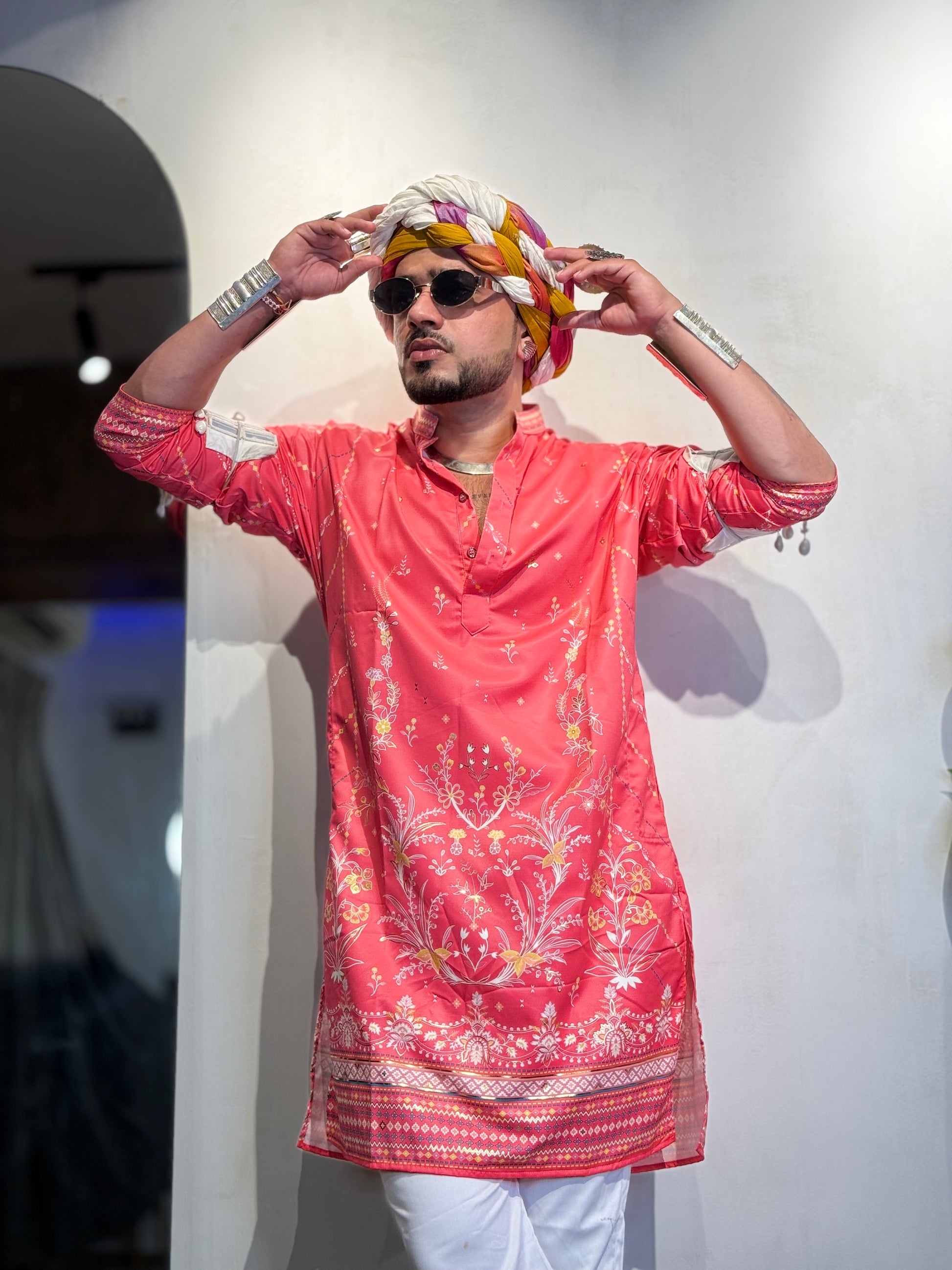 Dark Pink Foil Print On Cotton Satin Kurta