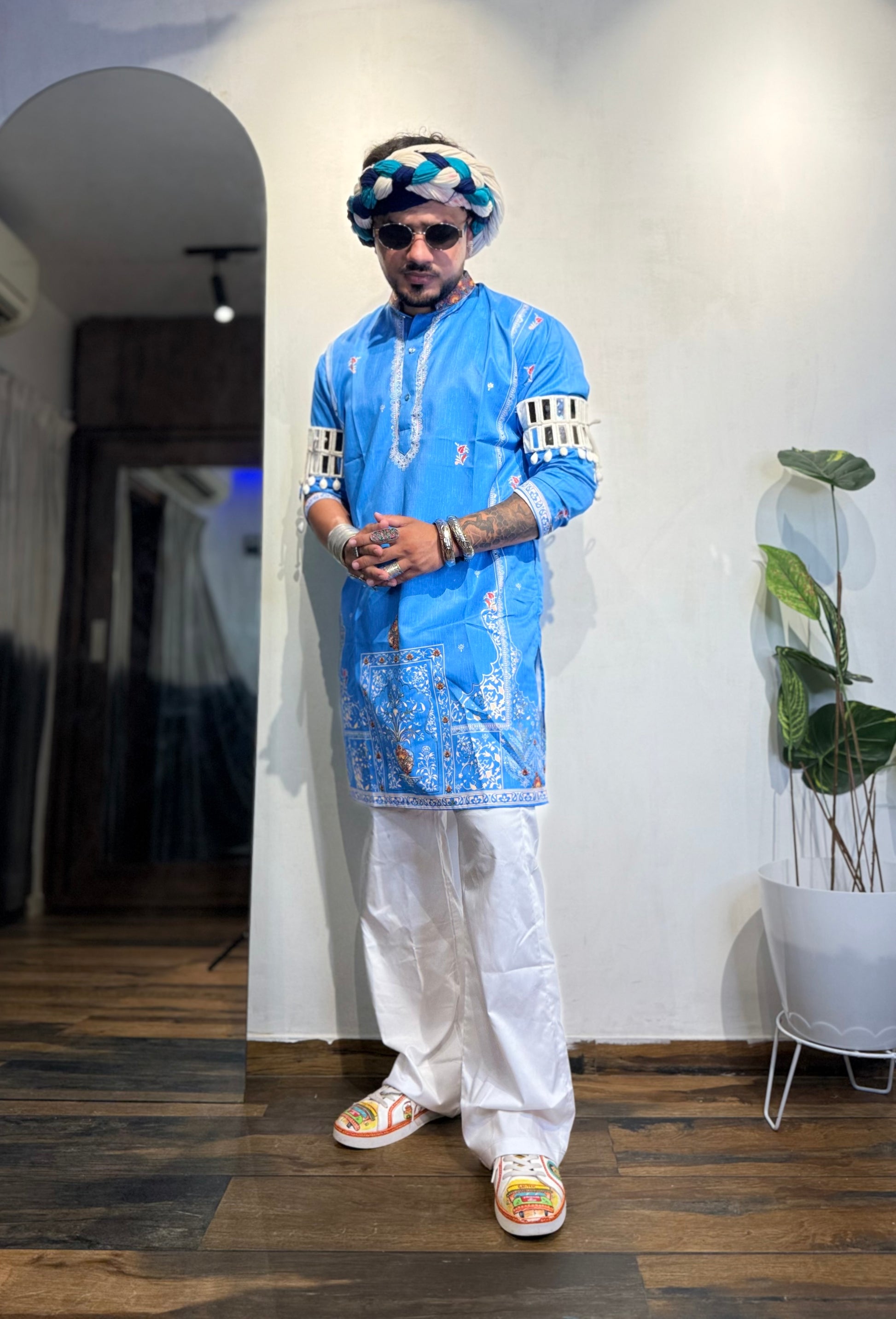 Ocean Blue Foil Print On Cotton Satin Kurta