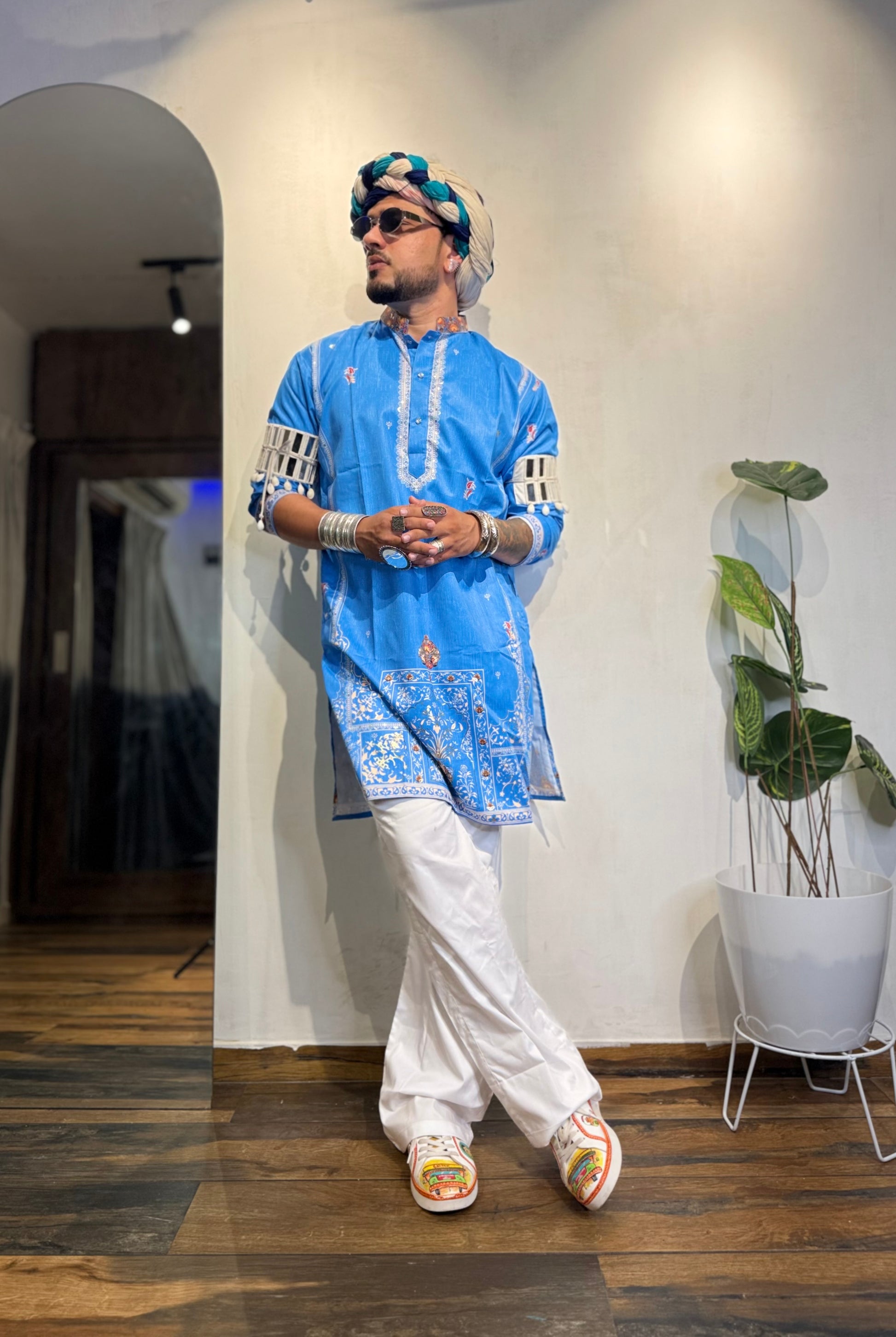 Ocean Blue Foil Print On Cotton Satin Kurta