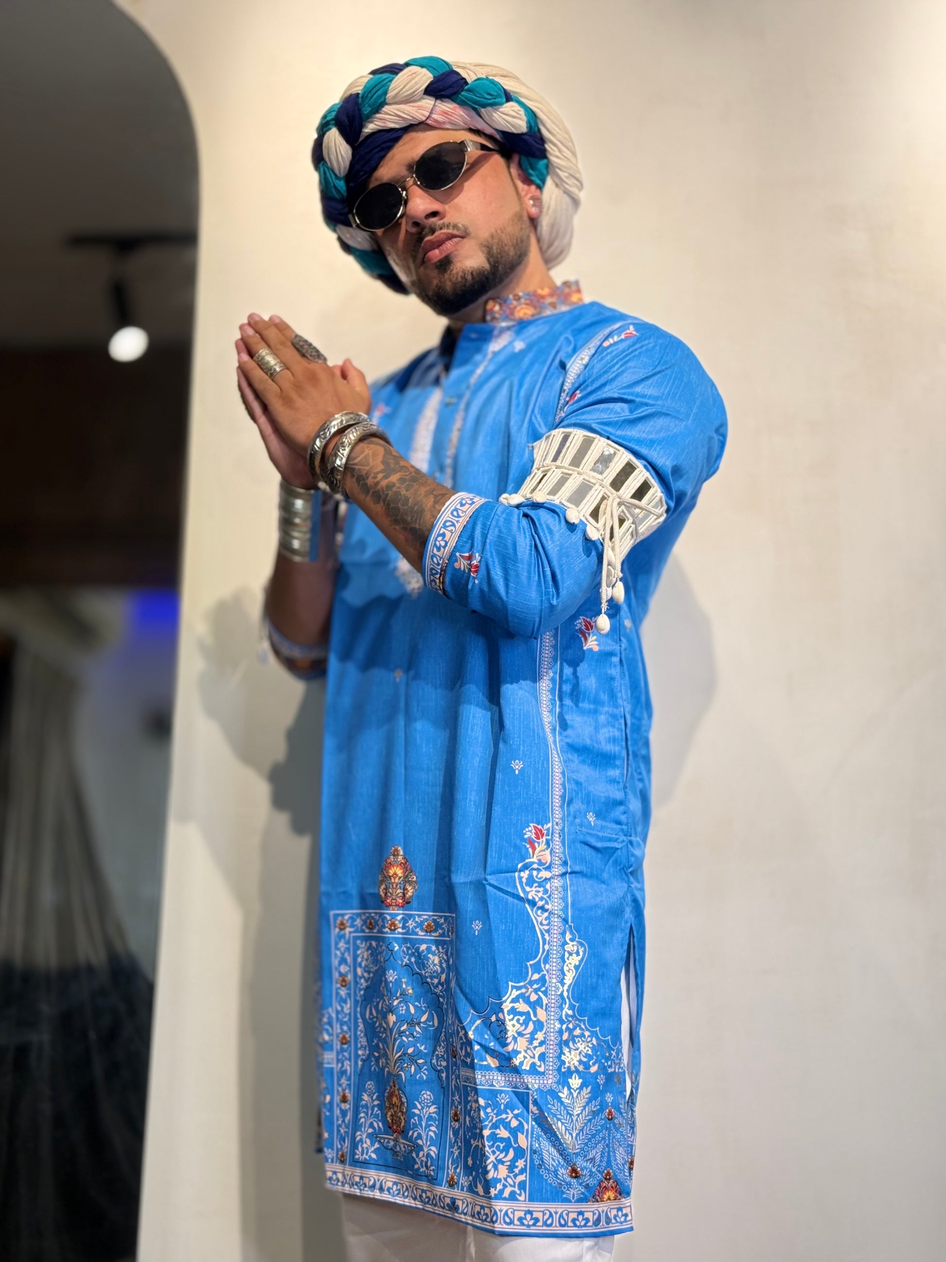 Ocean Blue Foil Print On Cotton Satin Kurta