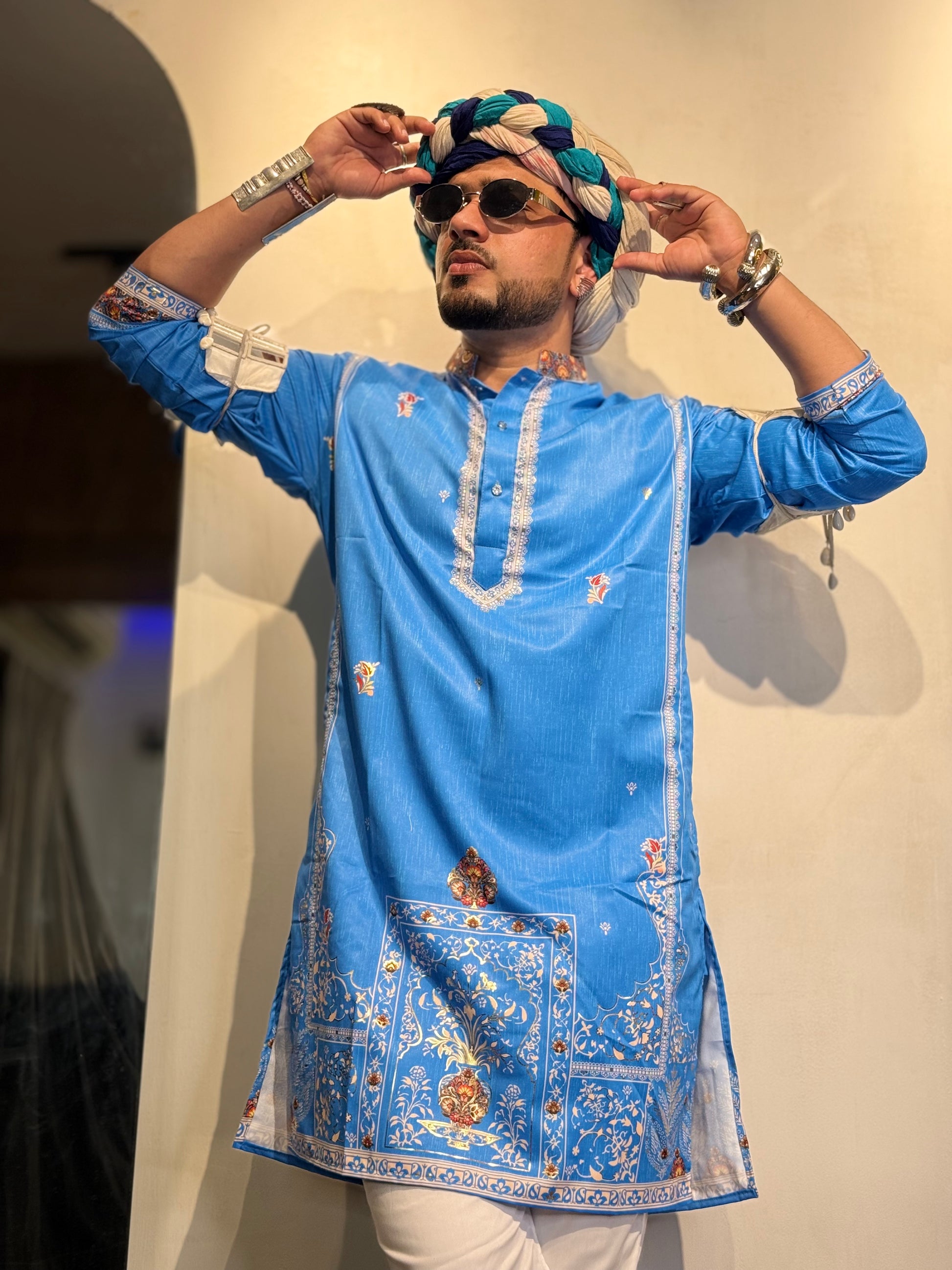 Ocean Blue Foil Print On Cotton Satin Kurta