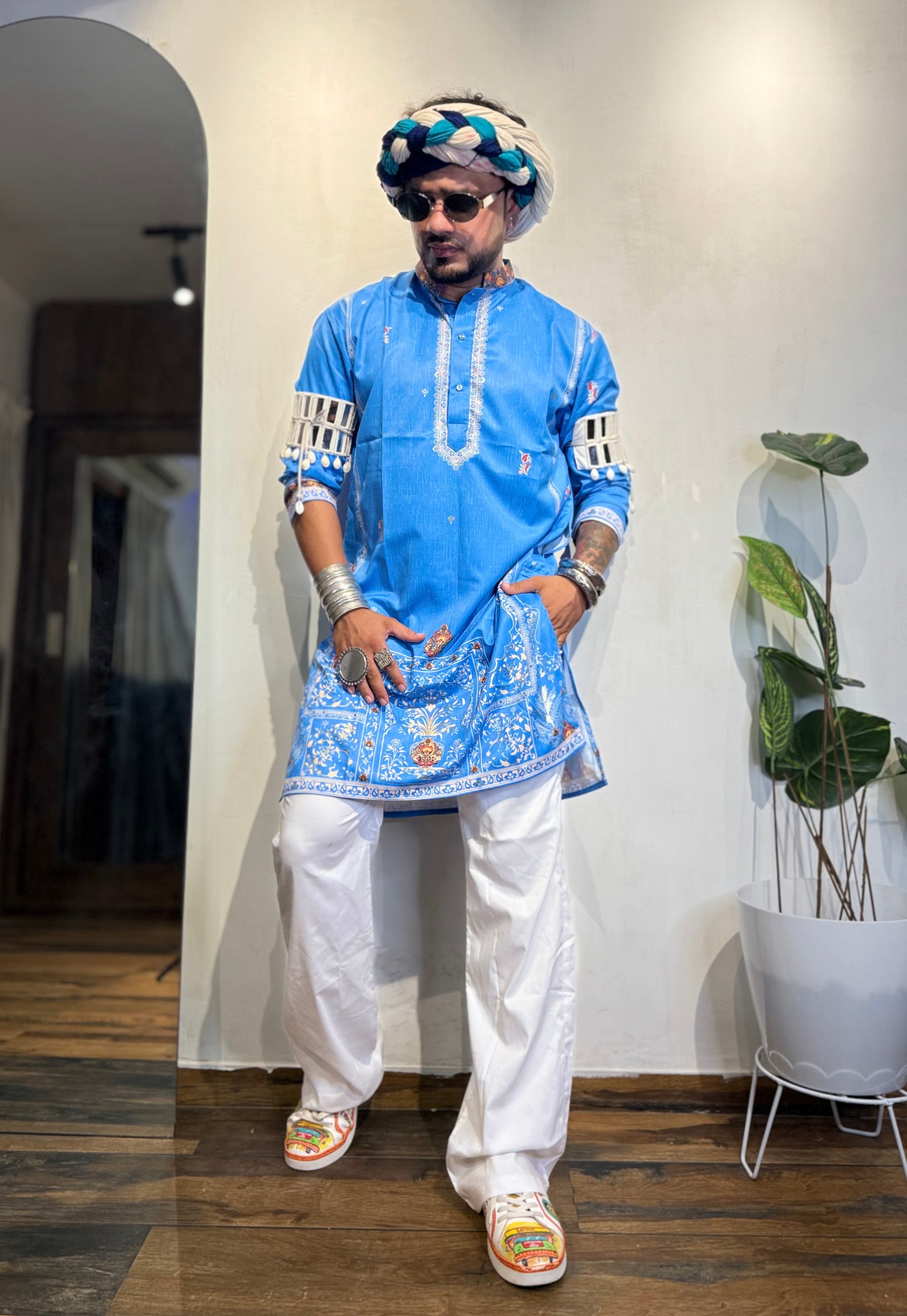 Ocean Blue Foil Print On Cotton Satin Kurta