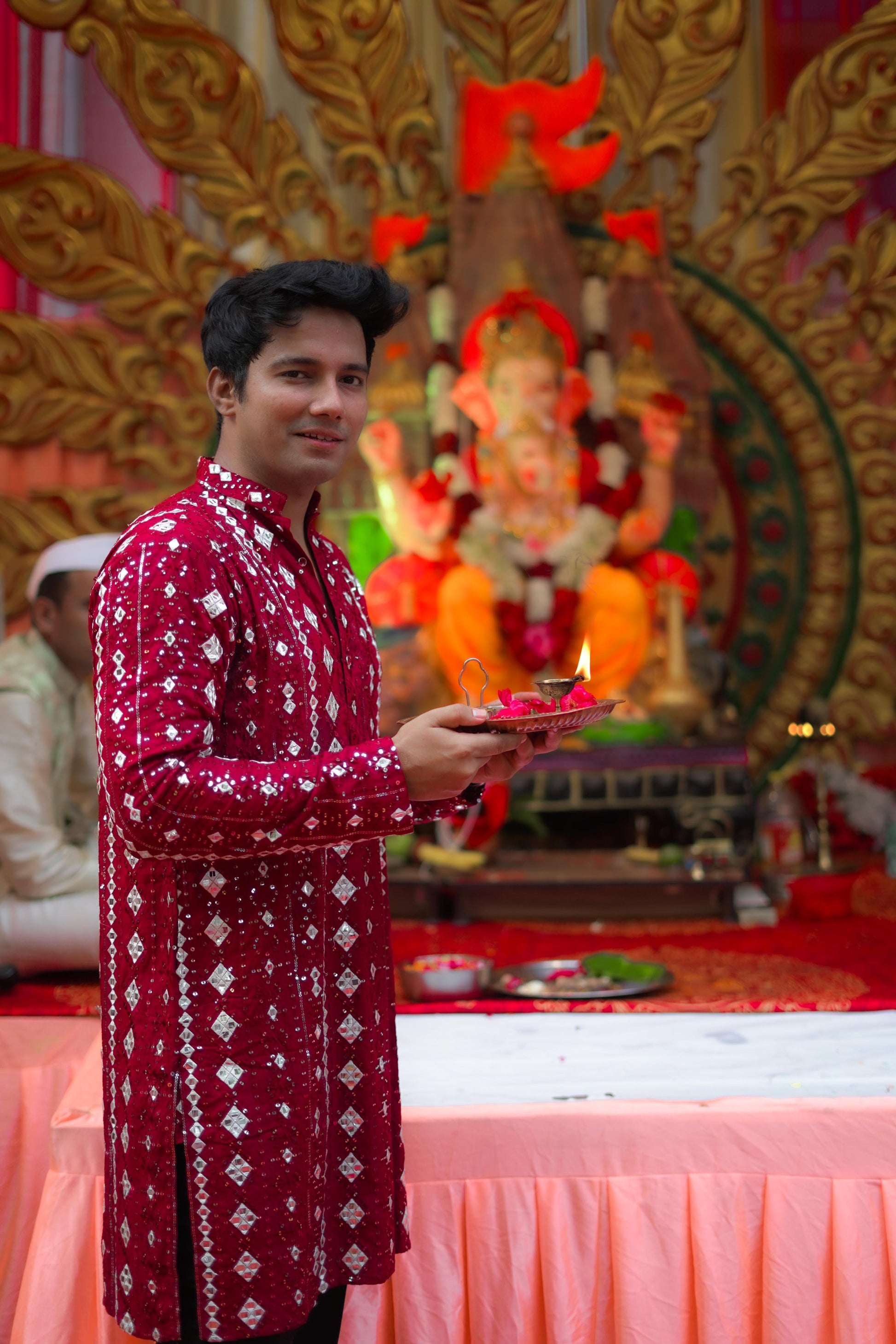 Red Rich Mirror Work Kurta Set