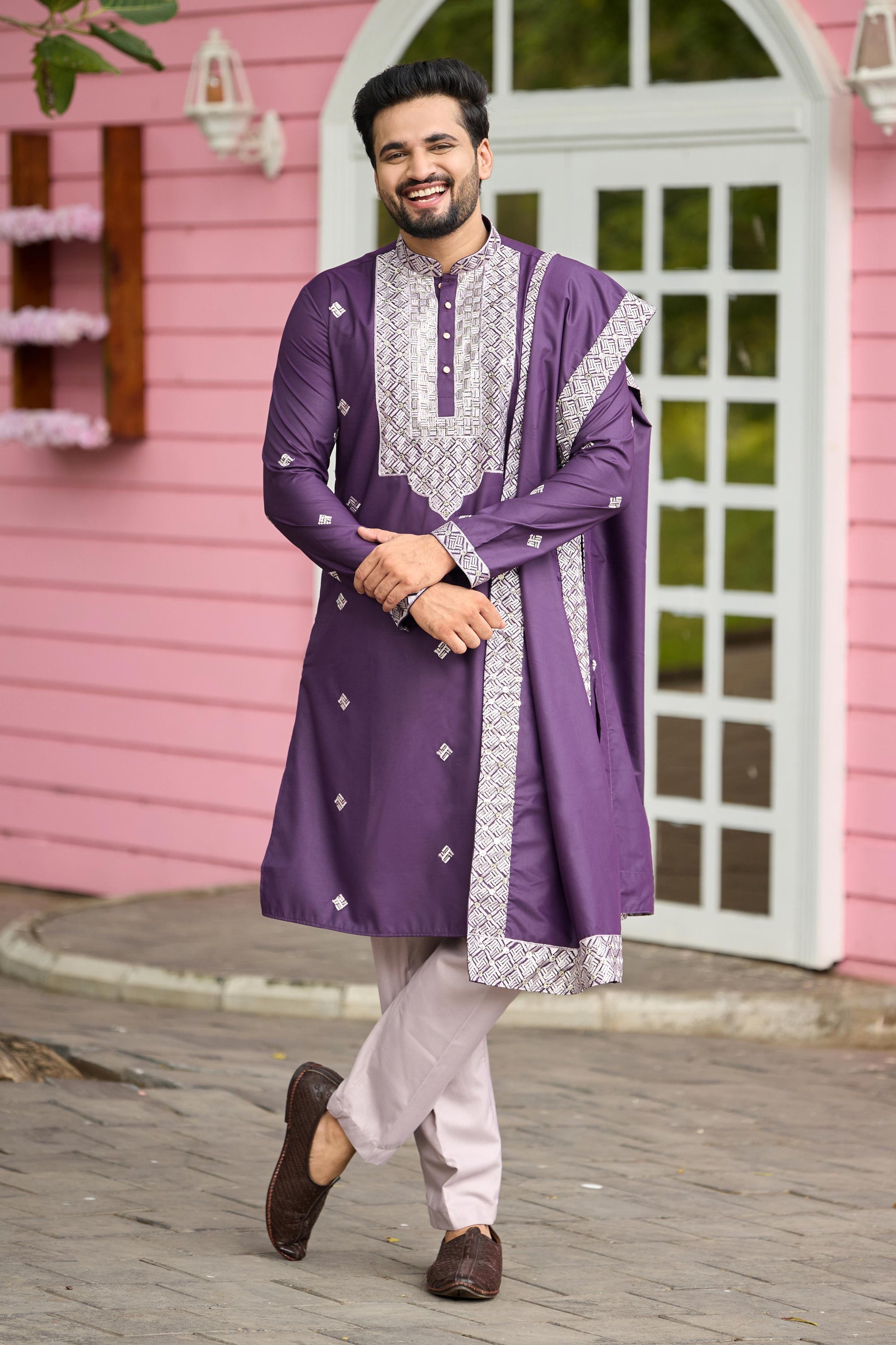 Plum Purple Embroidered Kurta with Dupatta and Pant Set