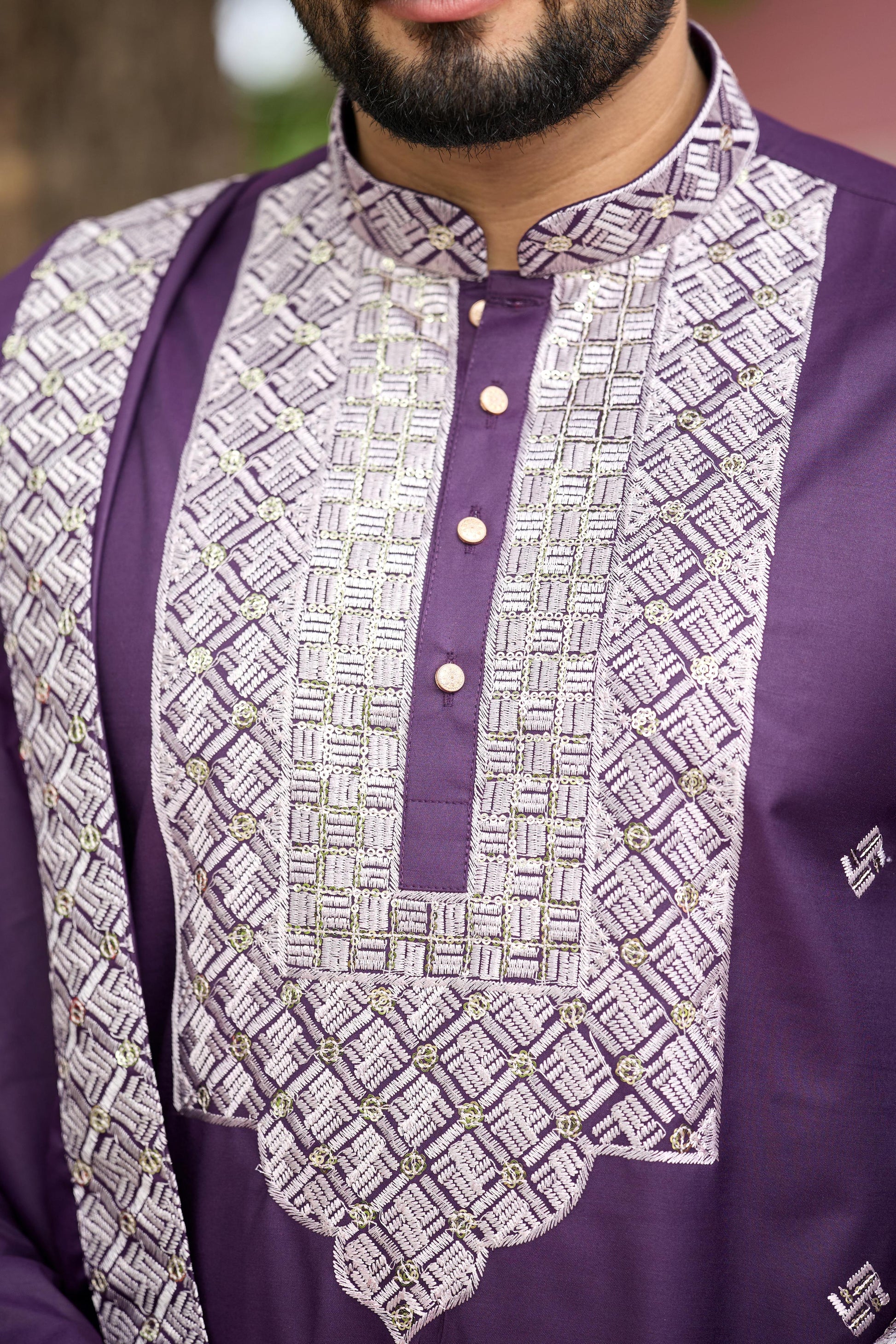 Plum Purple Embroidered Kurta with Dupatta and Pant Set