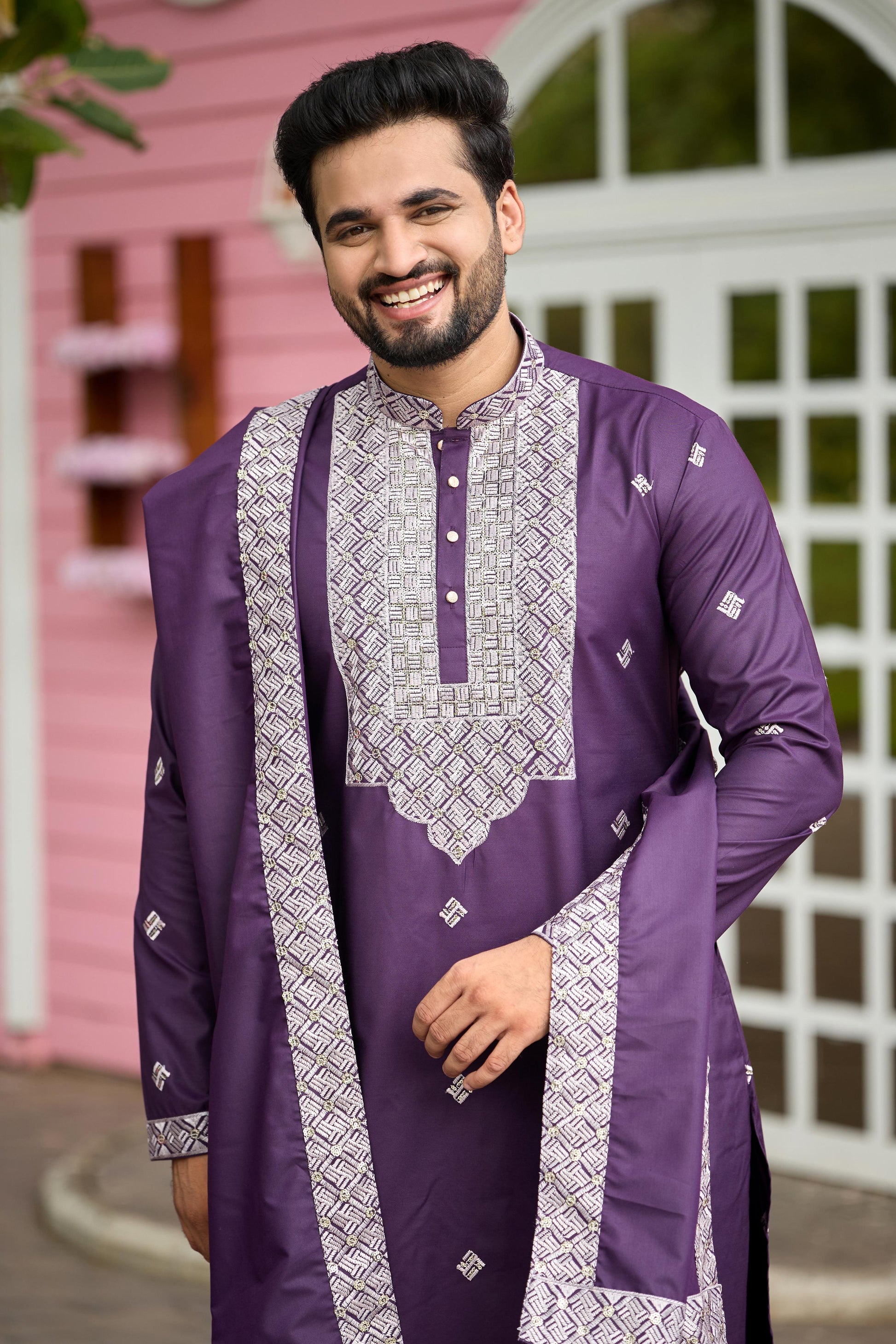 Plum Purple Embroidered Kurta with Dupatta and Pant Set