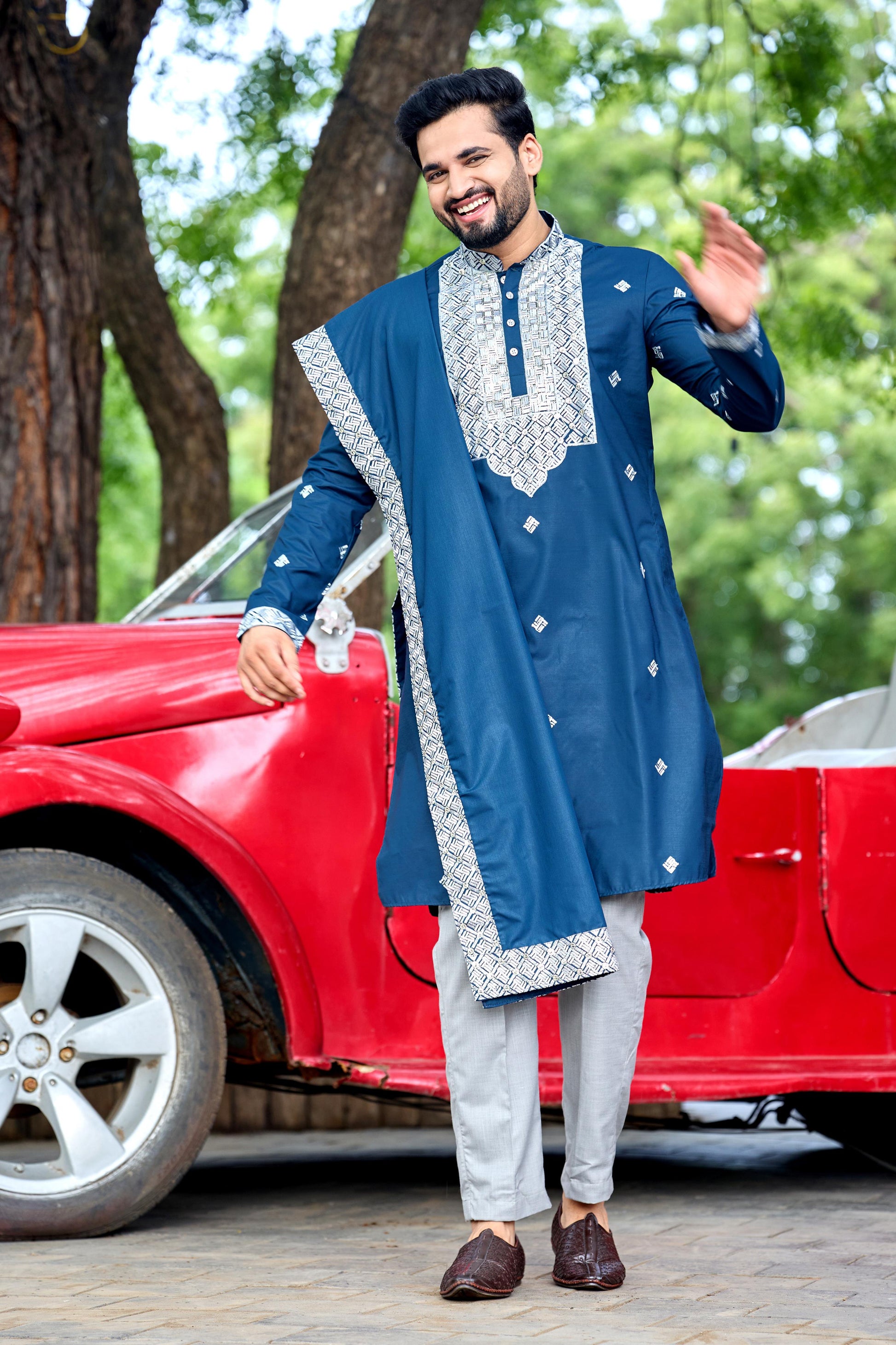 Teal Blue Embroidered Kurta with Dupatta and Pant Set