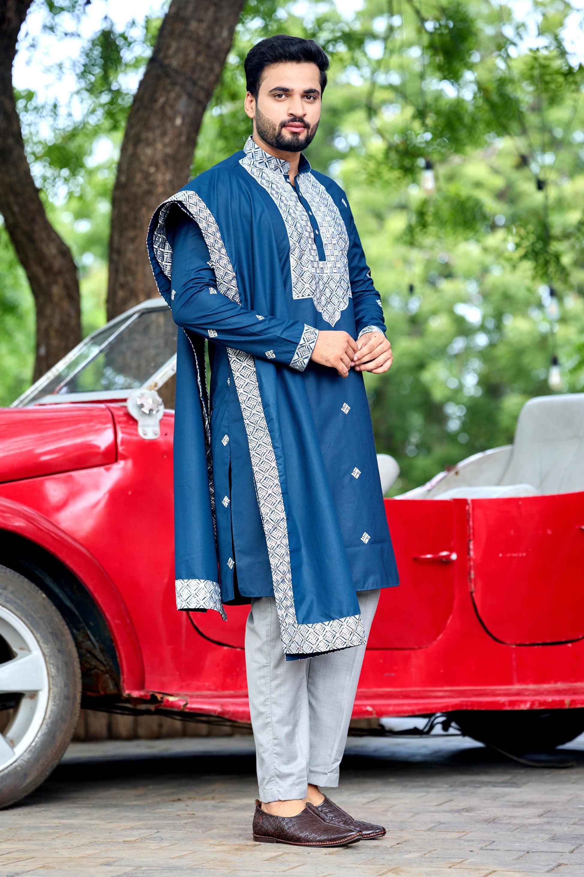 Teal Blue Embroidered Kurta with Dupatta and Pant Set