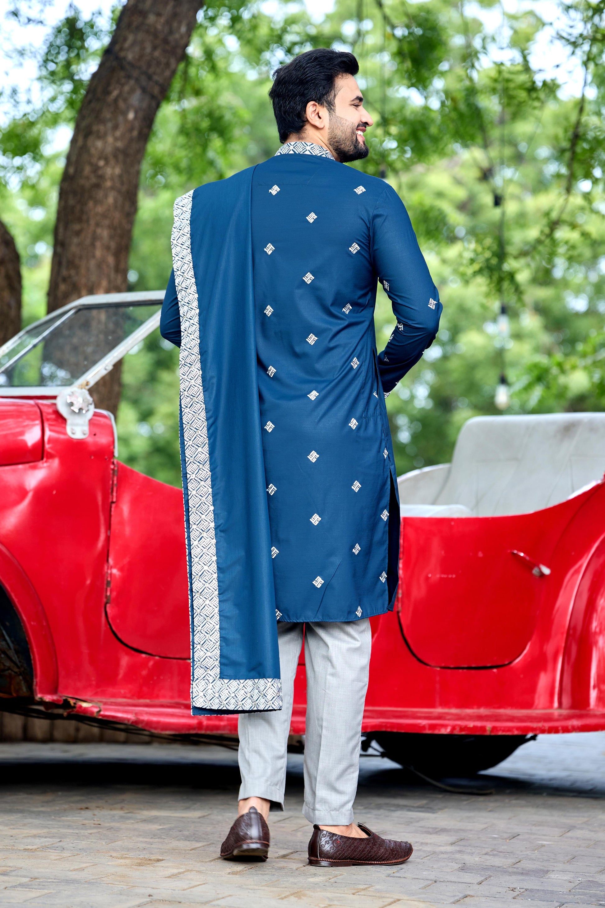 Teal Blue Embroidered Kurta with Dupatta and Pant Set