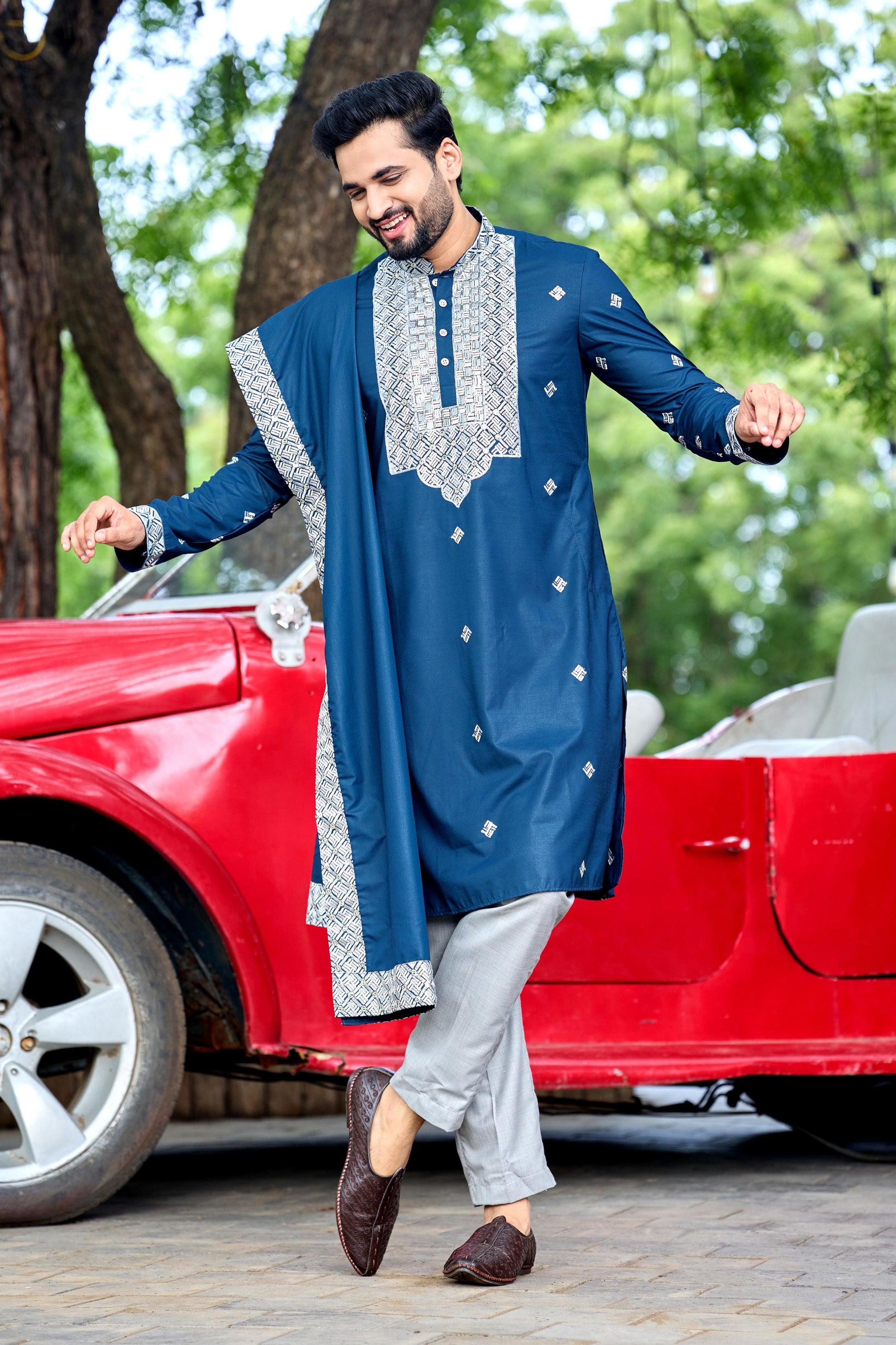 Teal Blue Embroidered Kurta with Dupatta and Pant Set