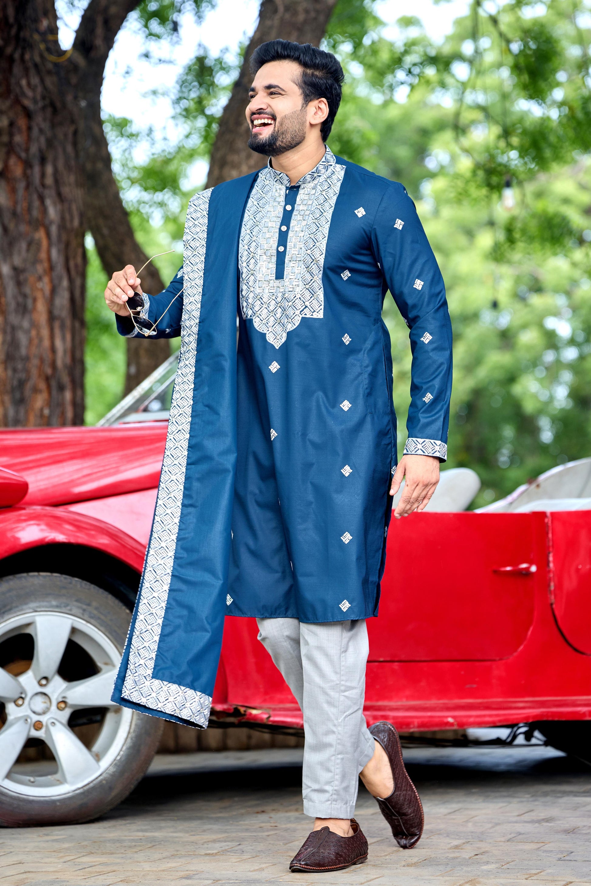Teal Blue Embroidered Kurta with Dupatta and Pant Set