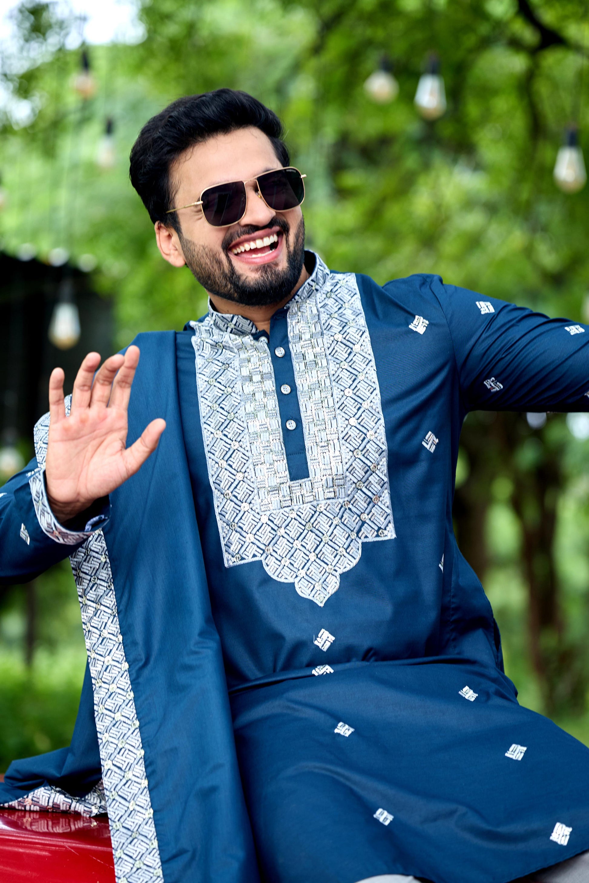 Teal Blue Embroidered Kurta with Dupatta and Pant Set