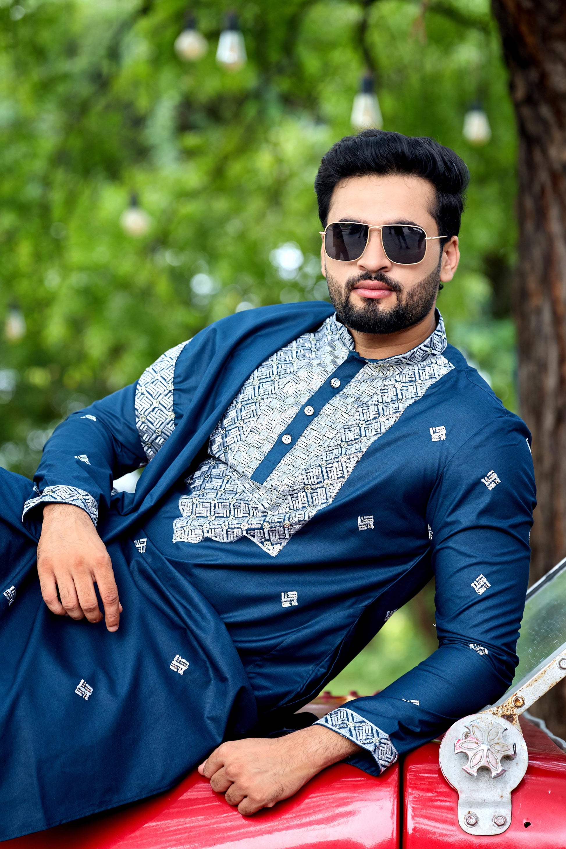 Teal Blue Embroidered Kurta with Dupatta and Pant Set