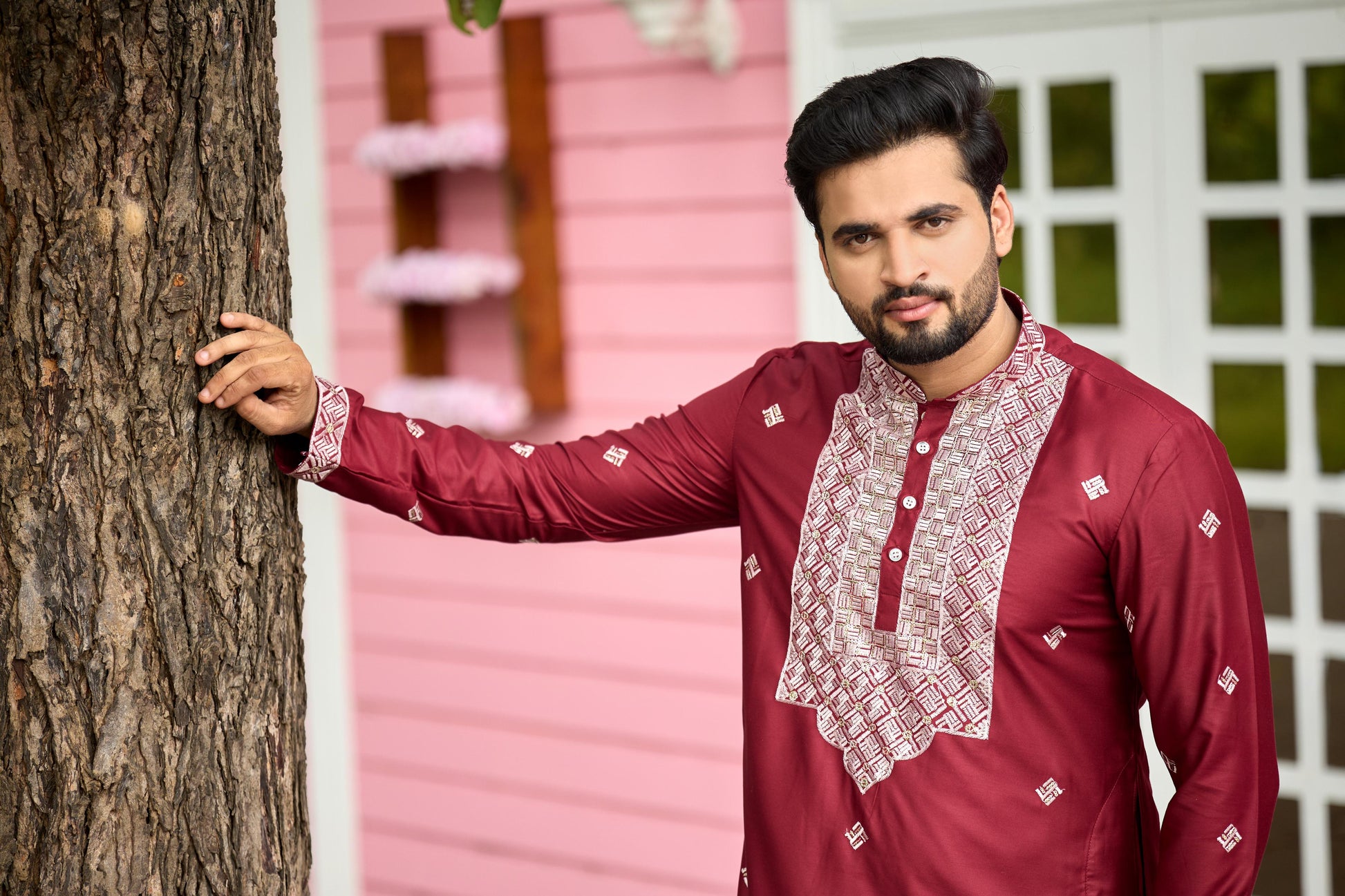 Maroon Embroidered Kurta with Dupatta and Pant Set