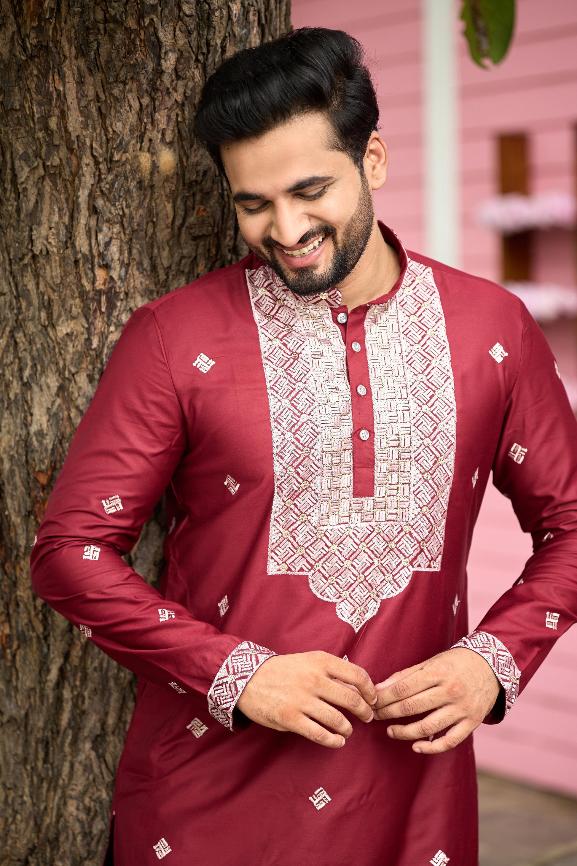 Maroon Embroidered Kurta with Dupatta and Pant Set