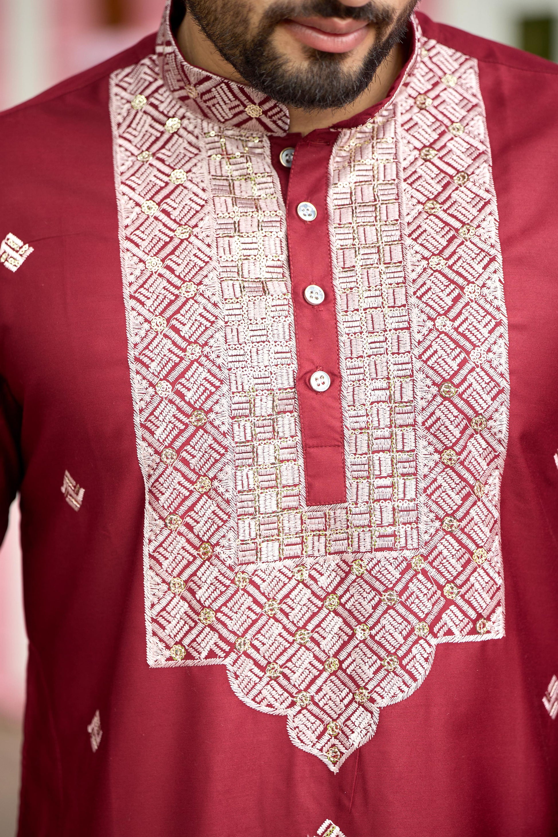 Maroon Embroidered Kurta with Dupatta and Pant Set