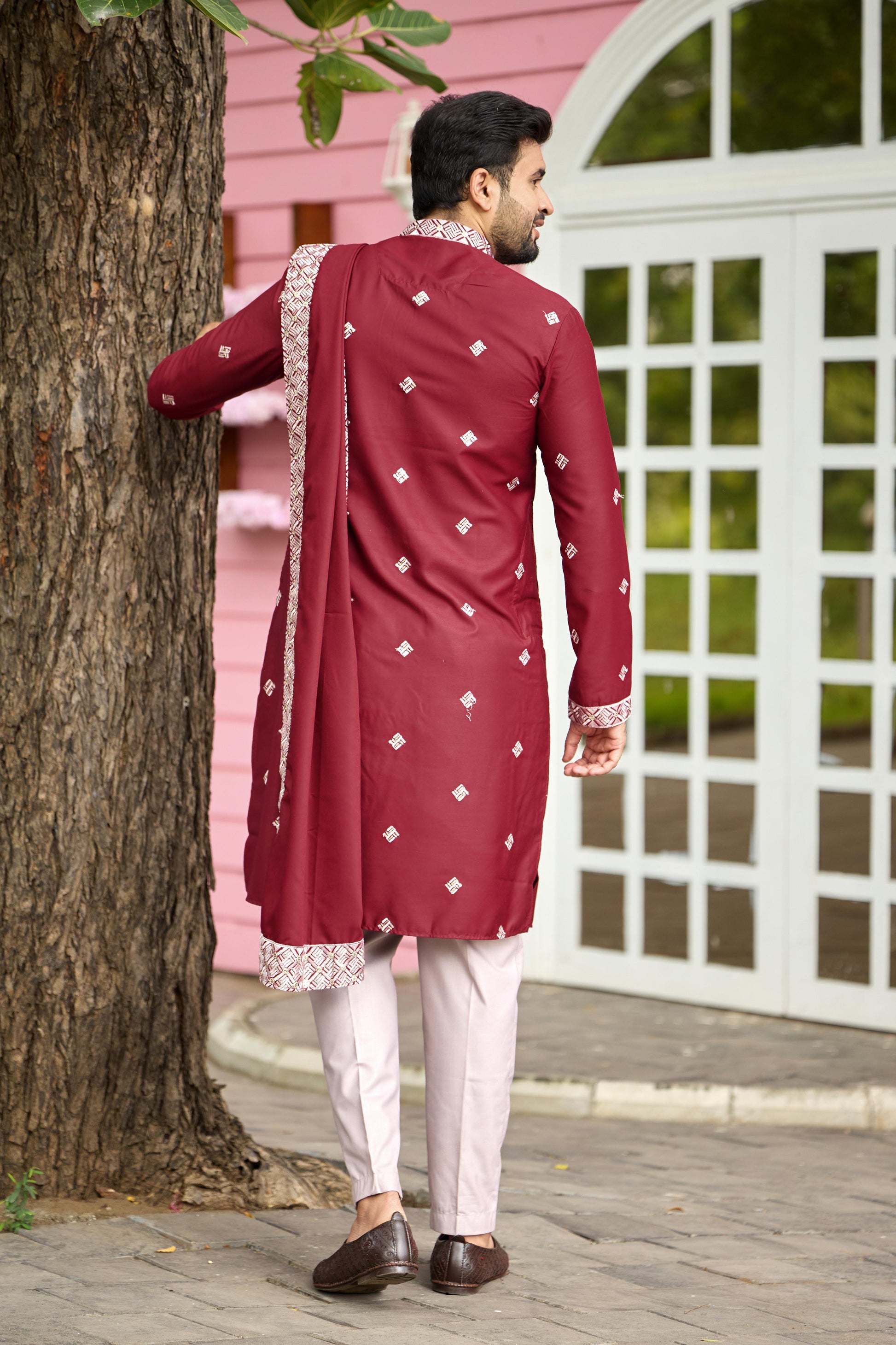 Maroon Embroidered Kurta with Dupatta and Pant Set
