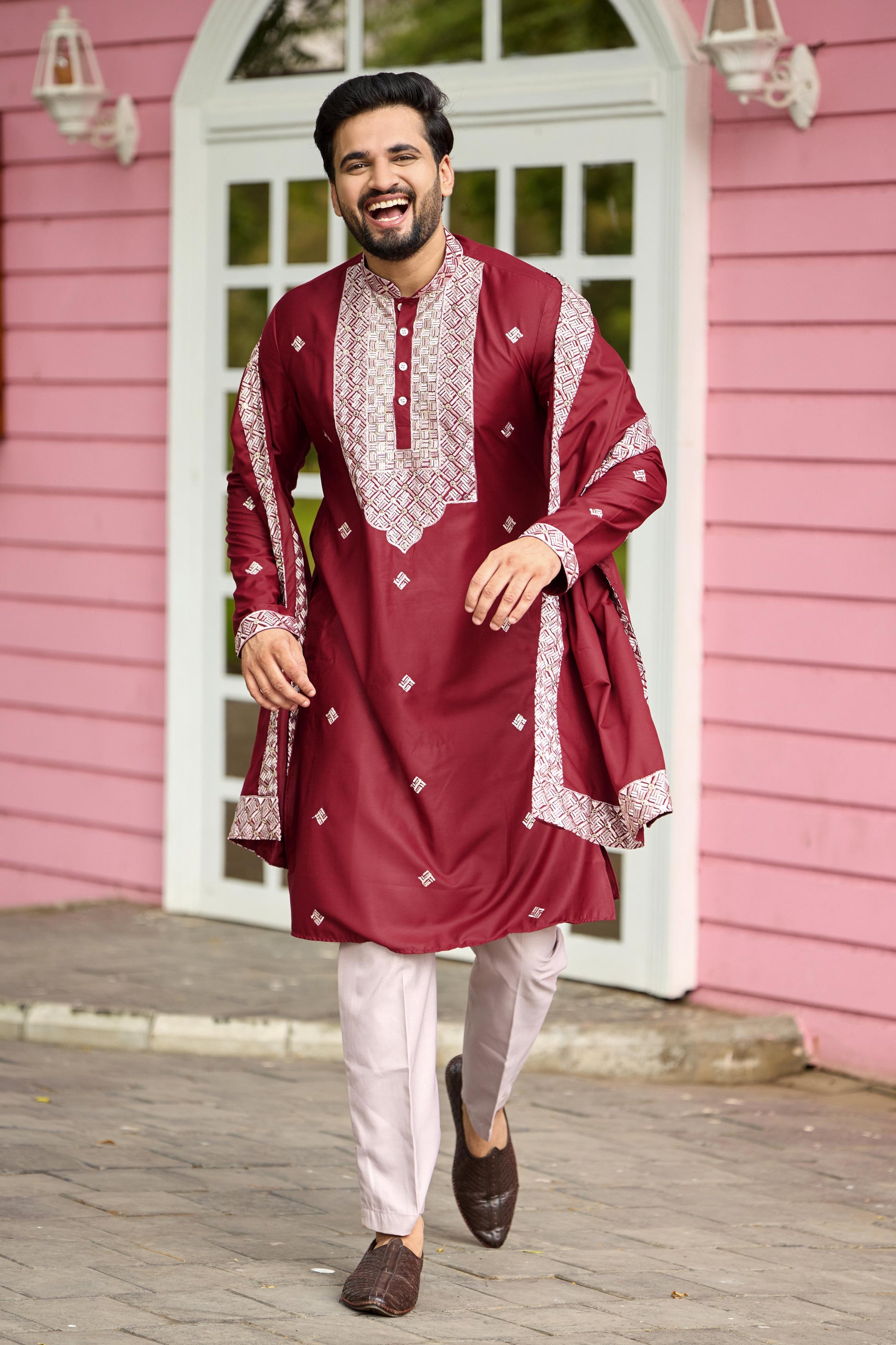 Maroon Embroidered Kurta with Dupatta and Pant Set