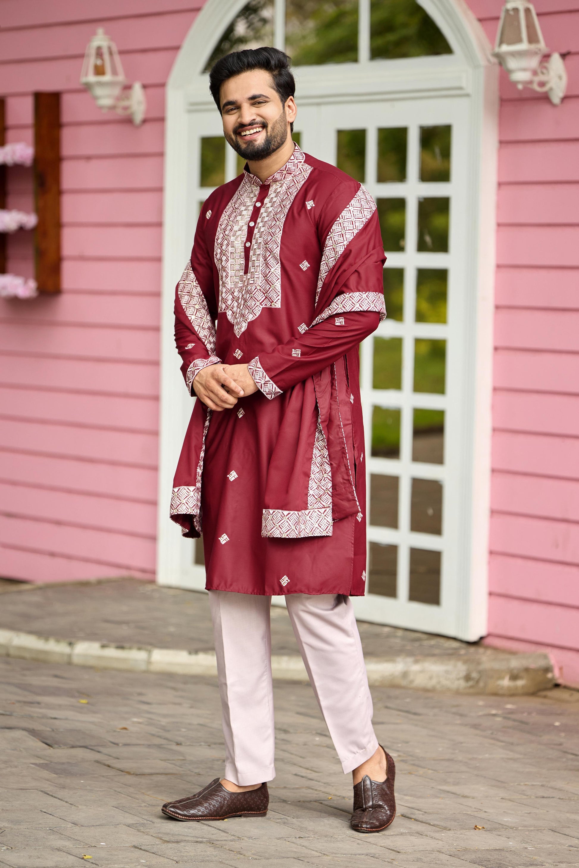 Maroon Embroidered Kurta with Dupatta and Pant Set