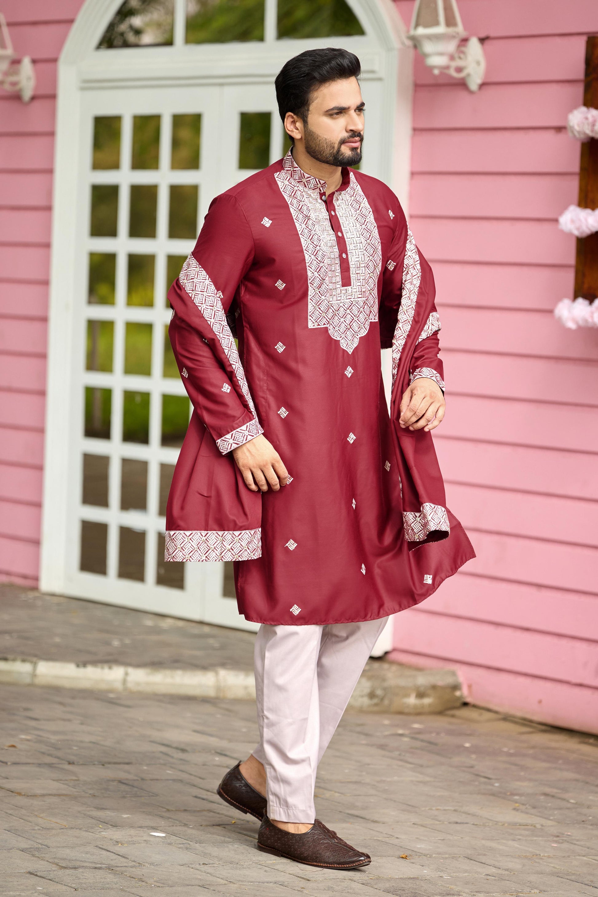 Maroon Embroidered Kurta with Dupatta and Pant Set
