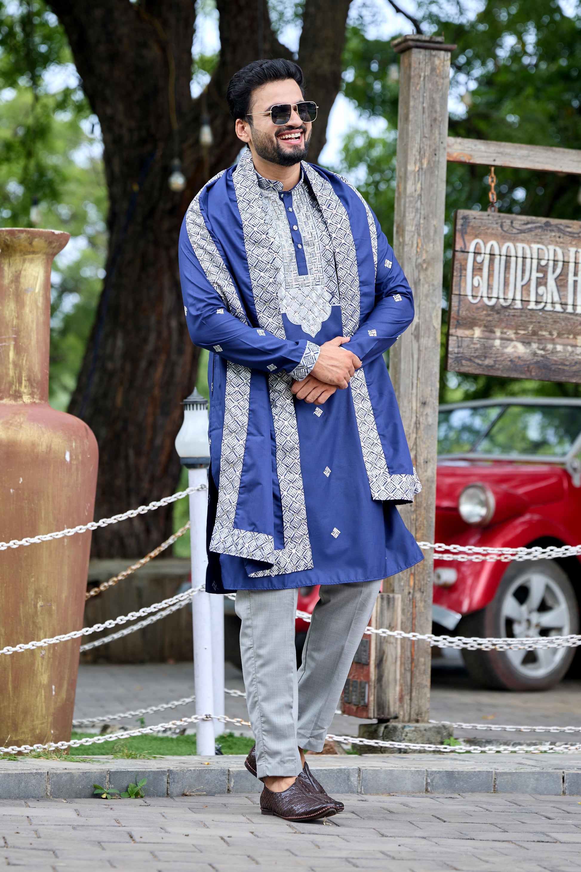 Navy Blue Embroidered Kurta with Dupatta and Pant Set