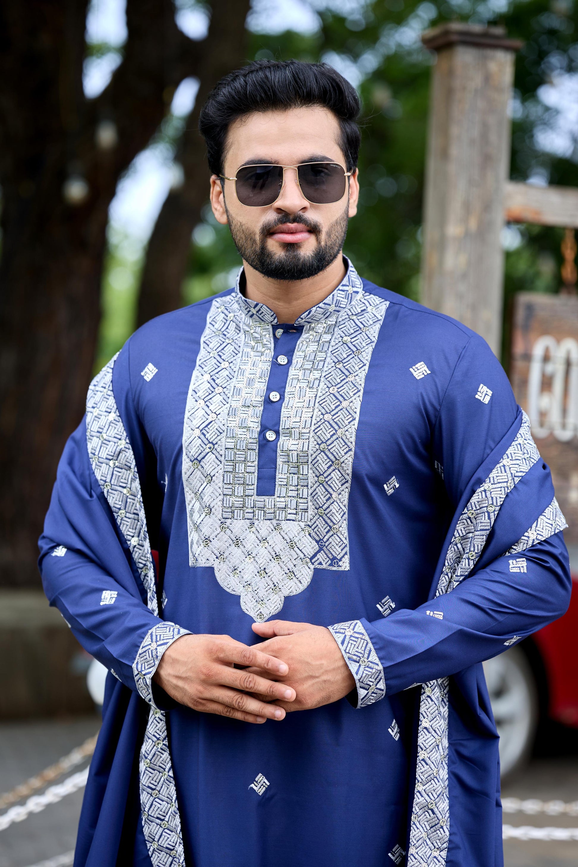 Navy Blue Embroidered Kurta with Dupatta and Pant Set
