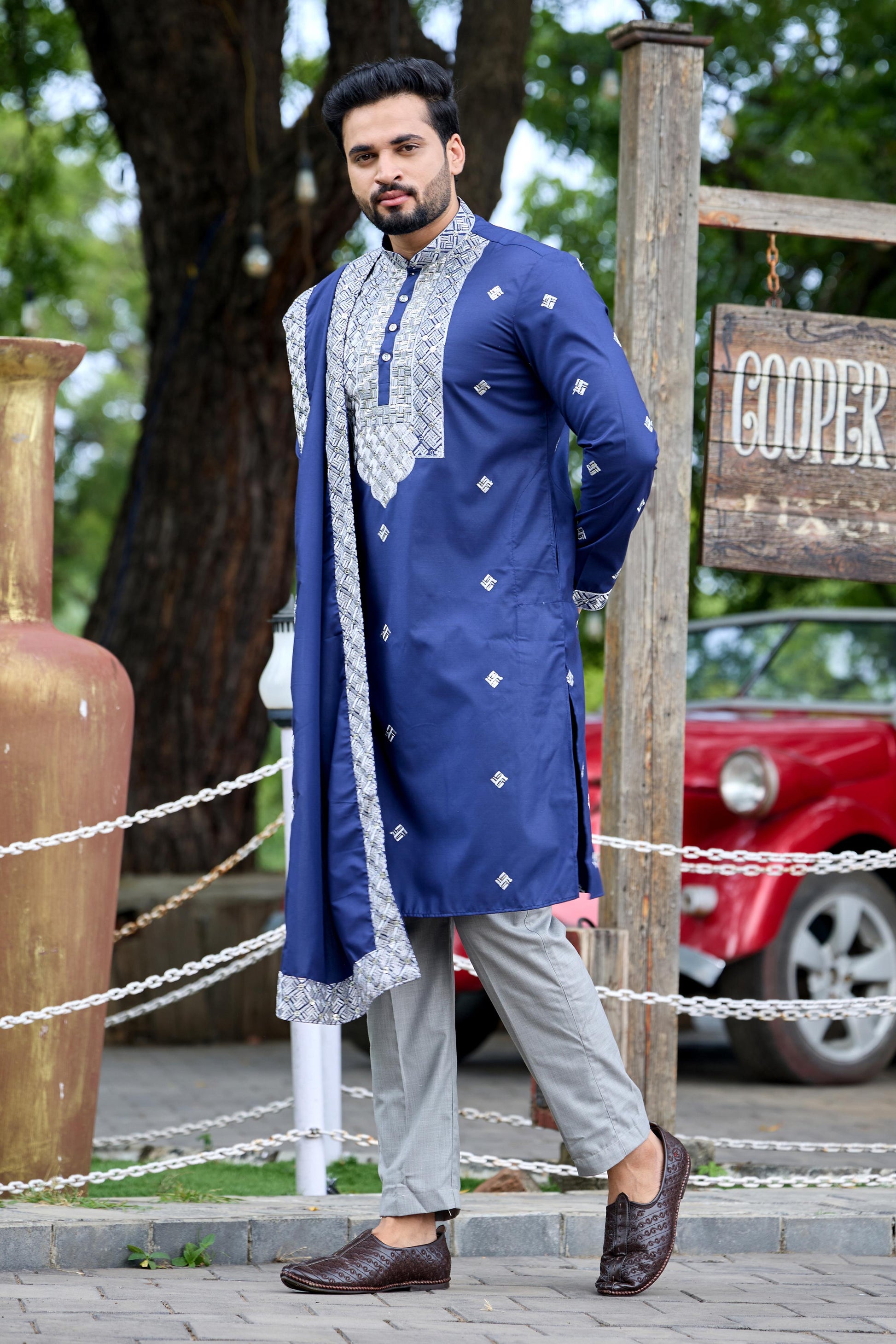 Navy Blue Embroidered Kurta with Dupatta and Pant Set