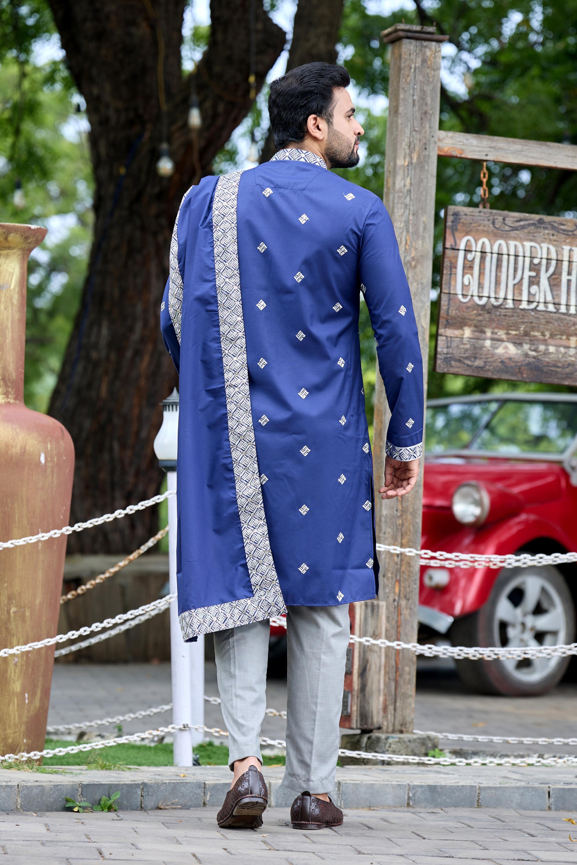 Navy Blue Embroidered Kurta with Dupatta and Pant Set