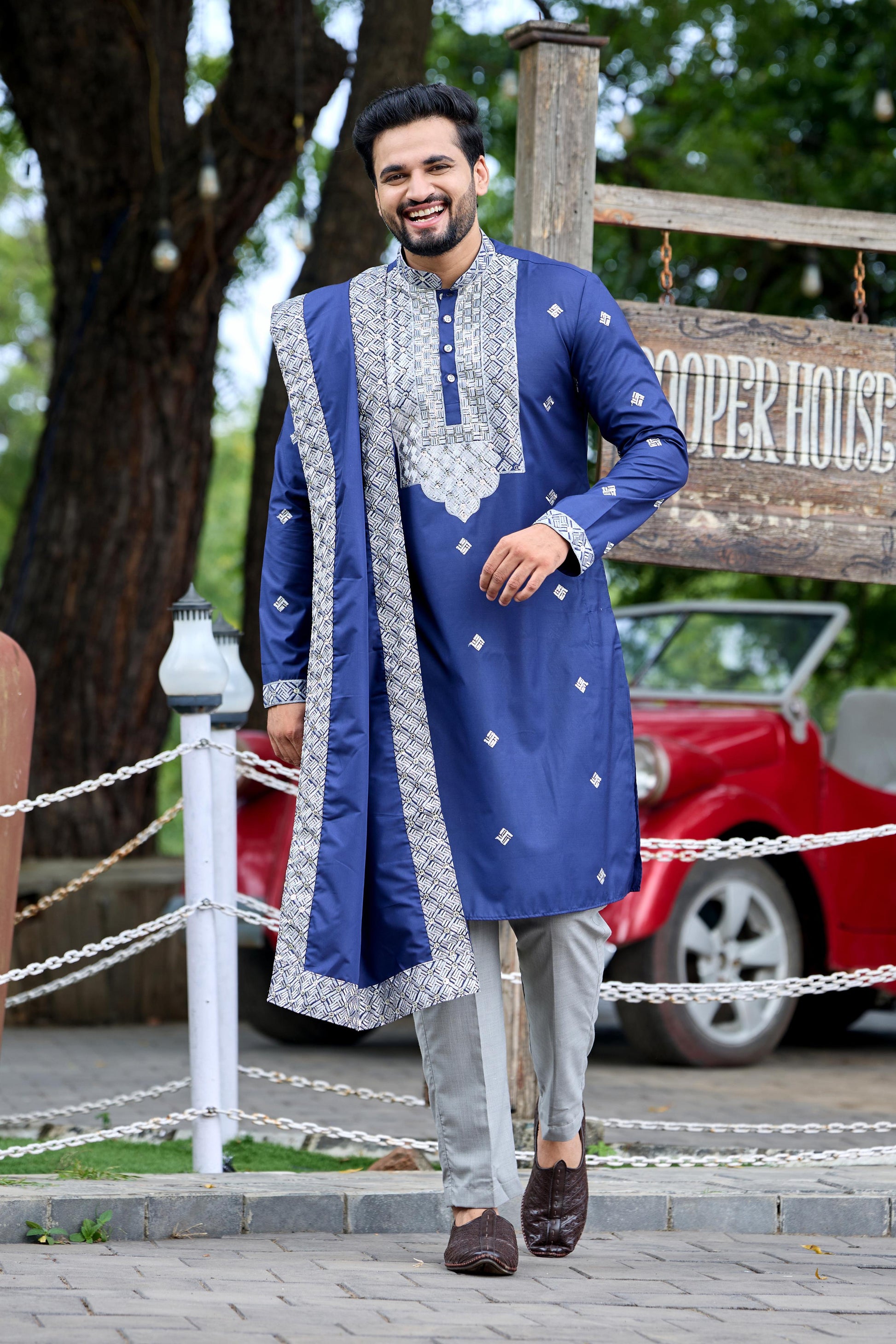 Navy Blue Embroidered Kurta with Dupatta and Pant Set