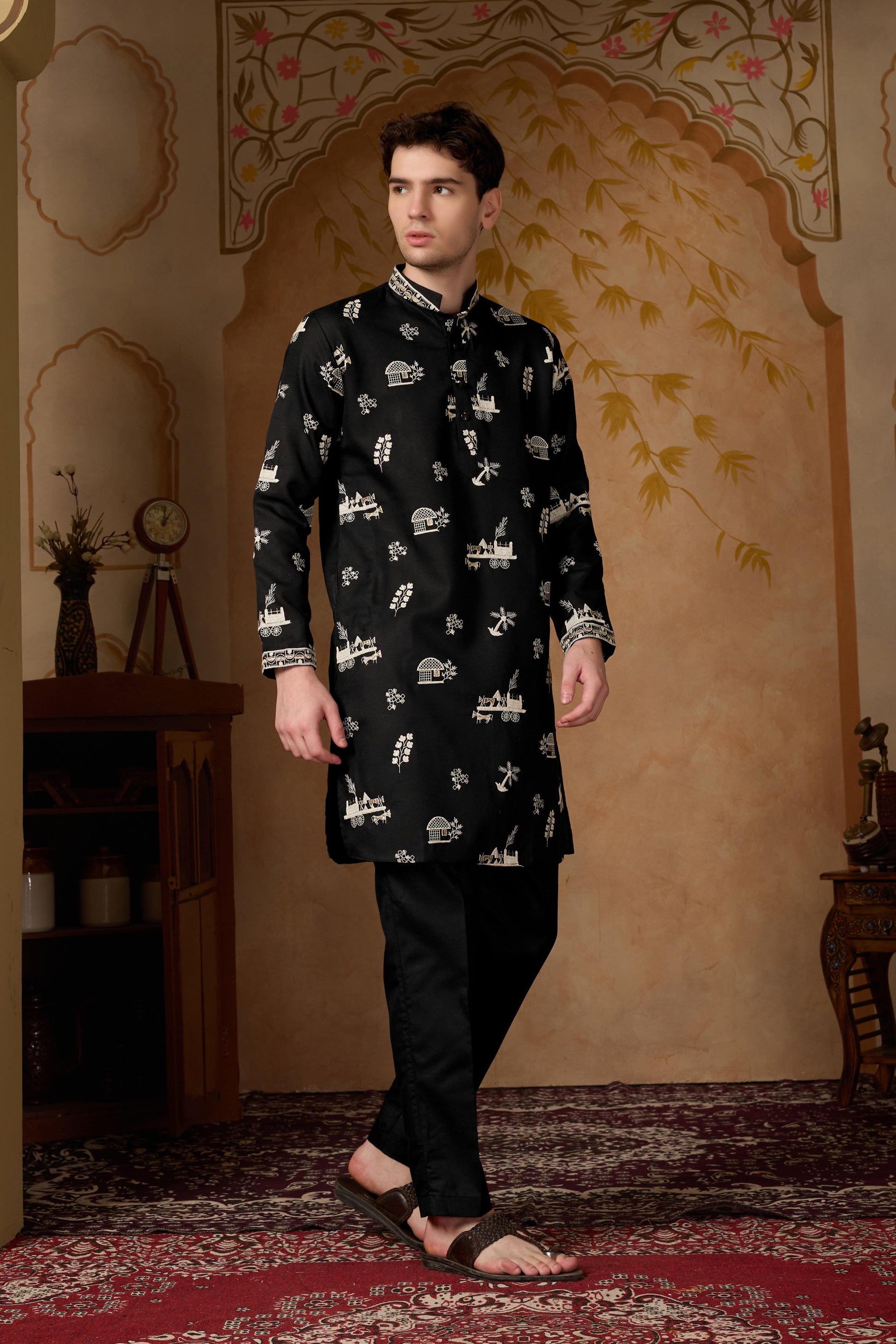 Classic Black Embroidered Kurta with Pant Set