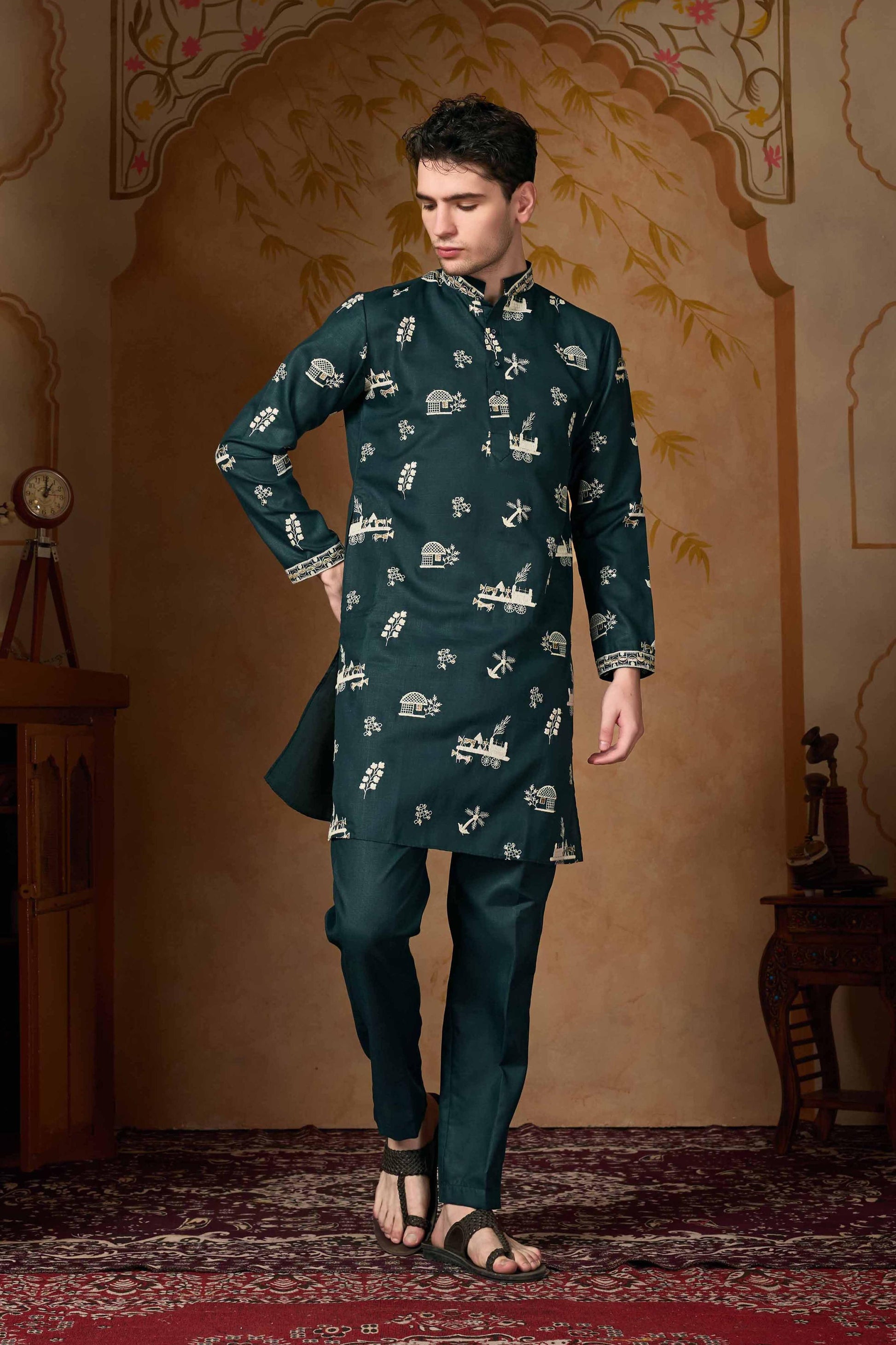 Emerald Green Embroidered Kurta with Pant Set