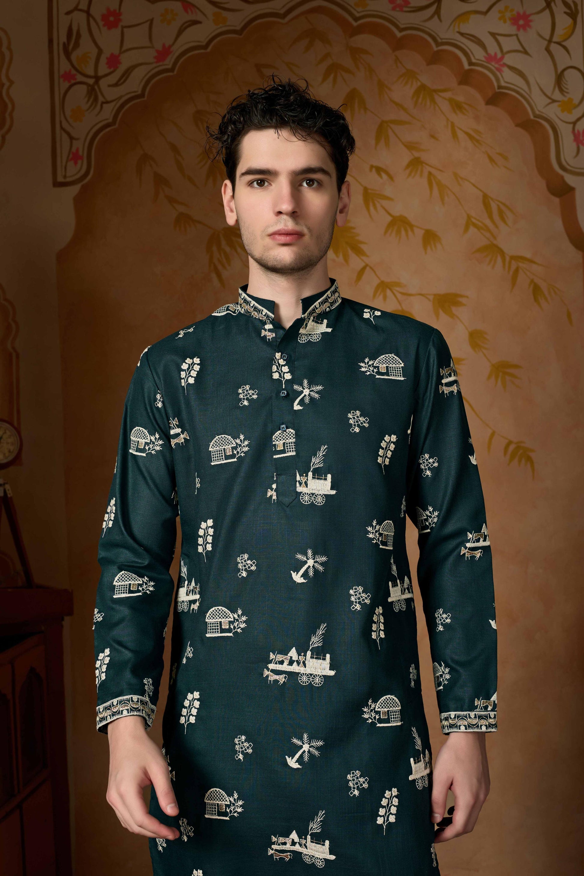 Emerald Green Embroidered Kurta with Pant Set