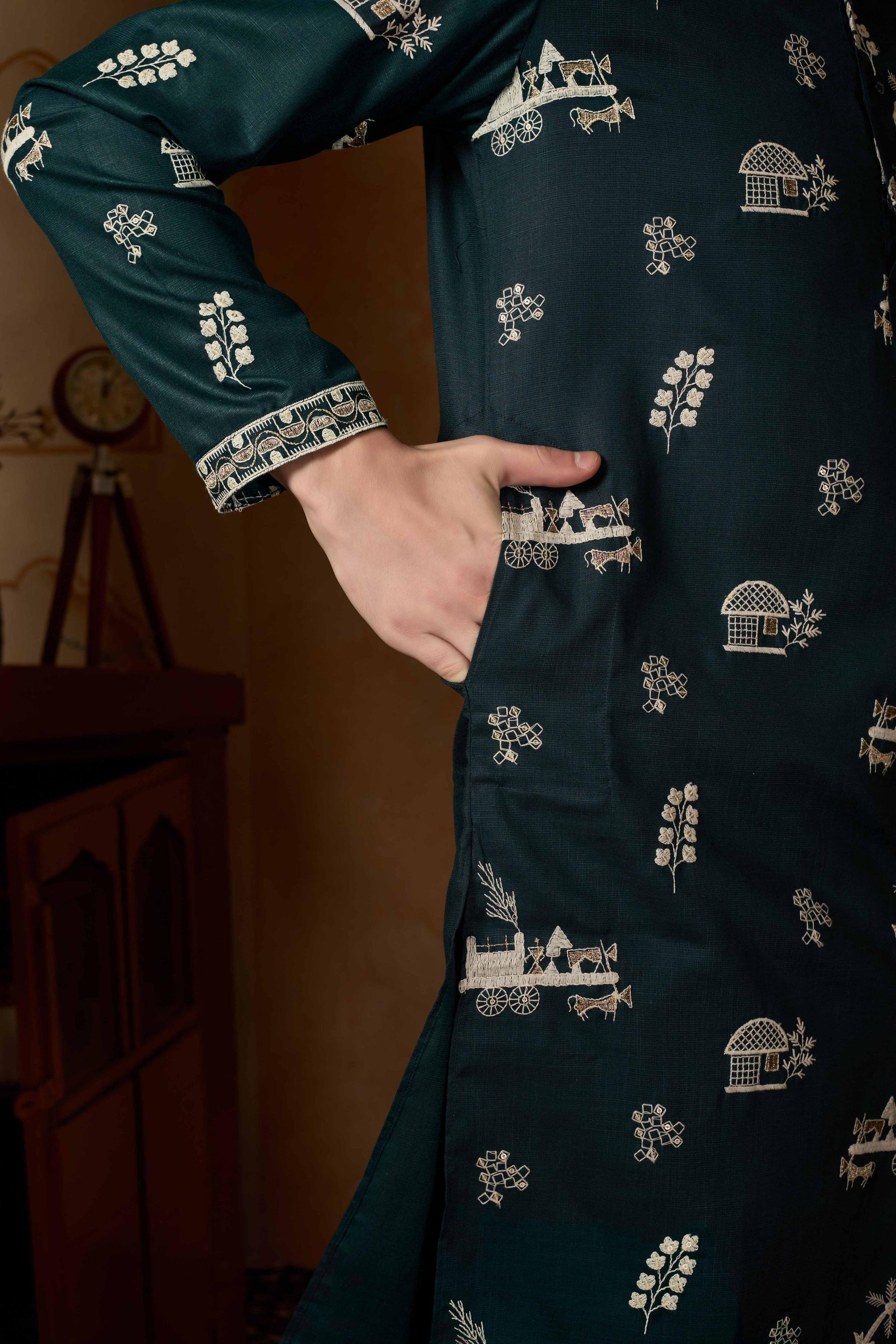 Emerald Green Embroidered Kurta with Pant Set